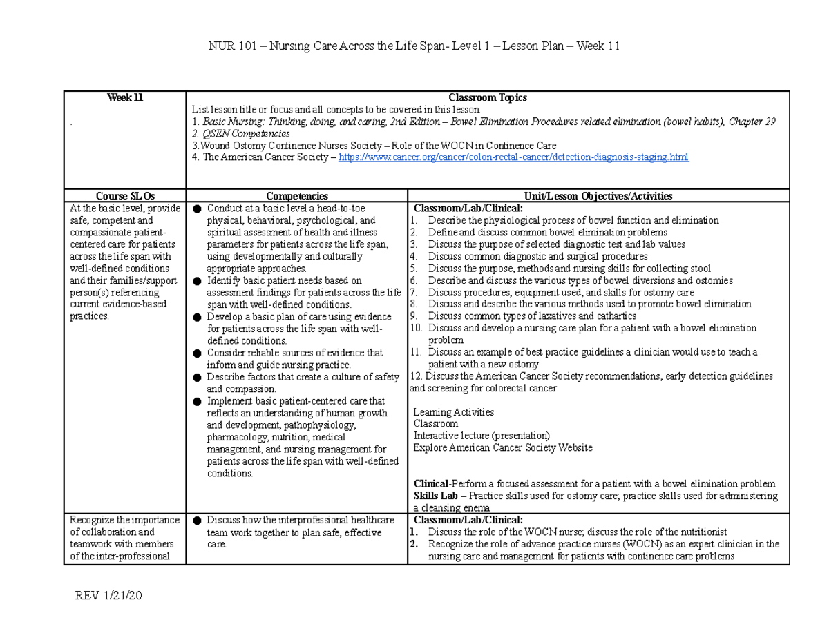 NUR 101 Lesson Plan - Week 11-Revised - NUR 101 – Nursing Care Across ...