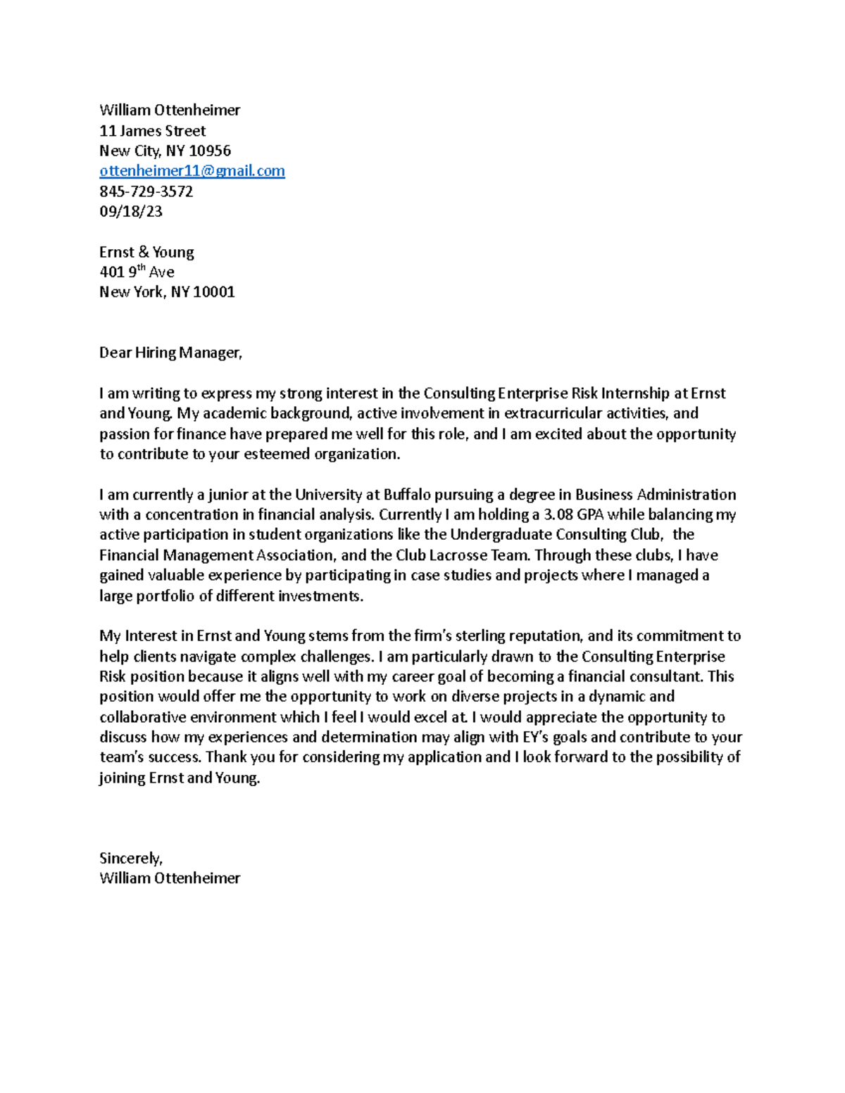 MGG 315 Cover Letter to EY - William Ottenheimer 11 James Street New ...