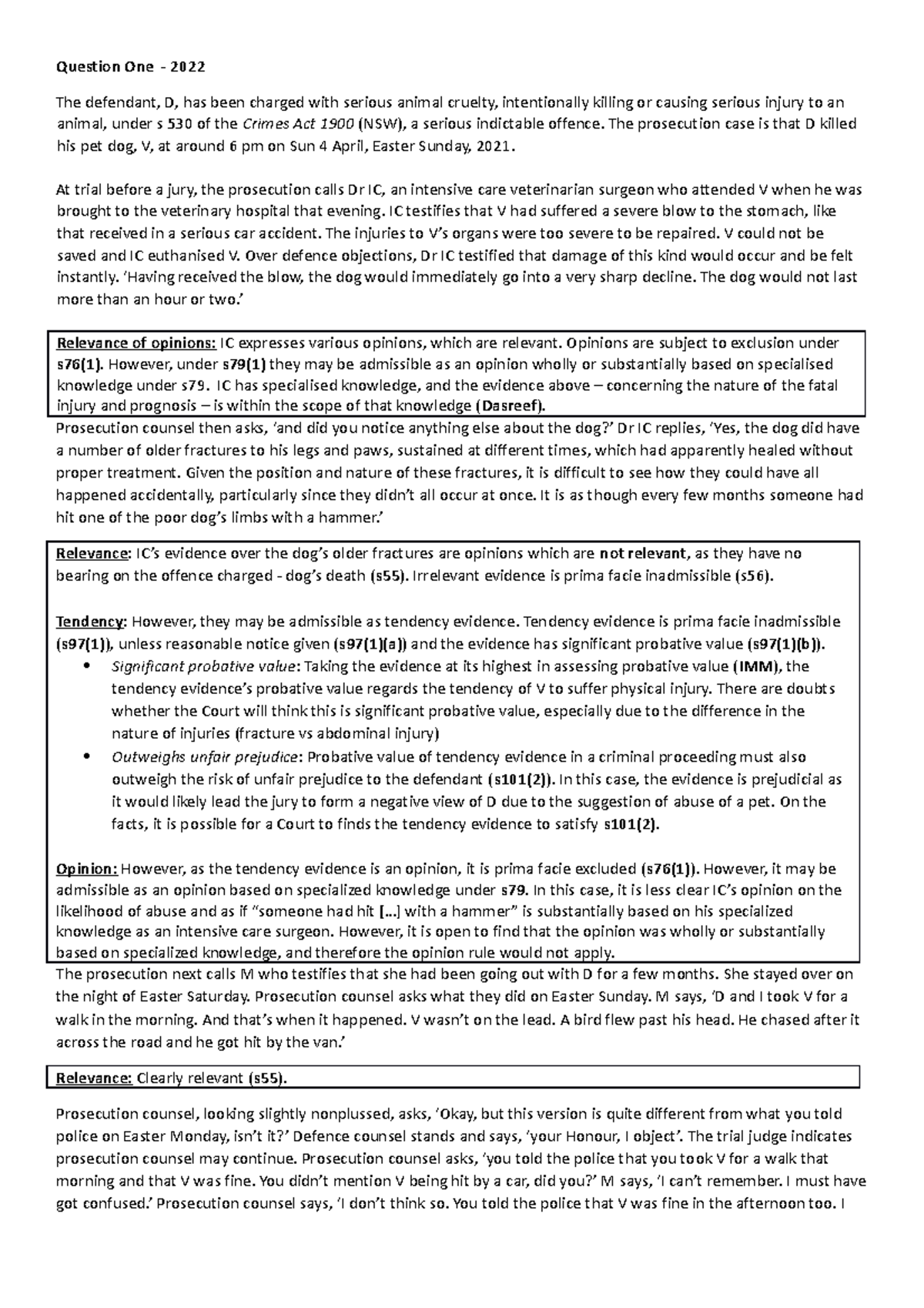 Past Paper with Answers - Question One - 2022 The defendant, D, has ...