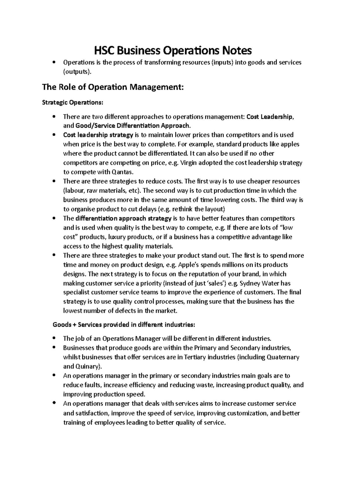 HSC Business Operations Notes - The Role of Operation Management ...