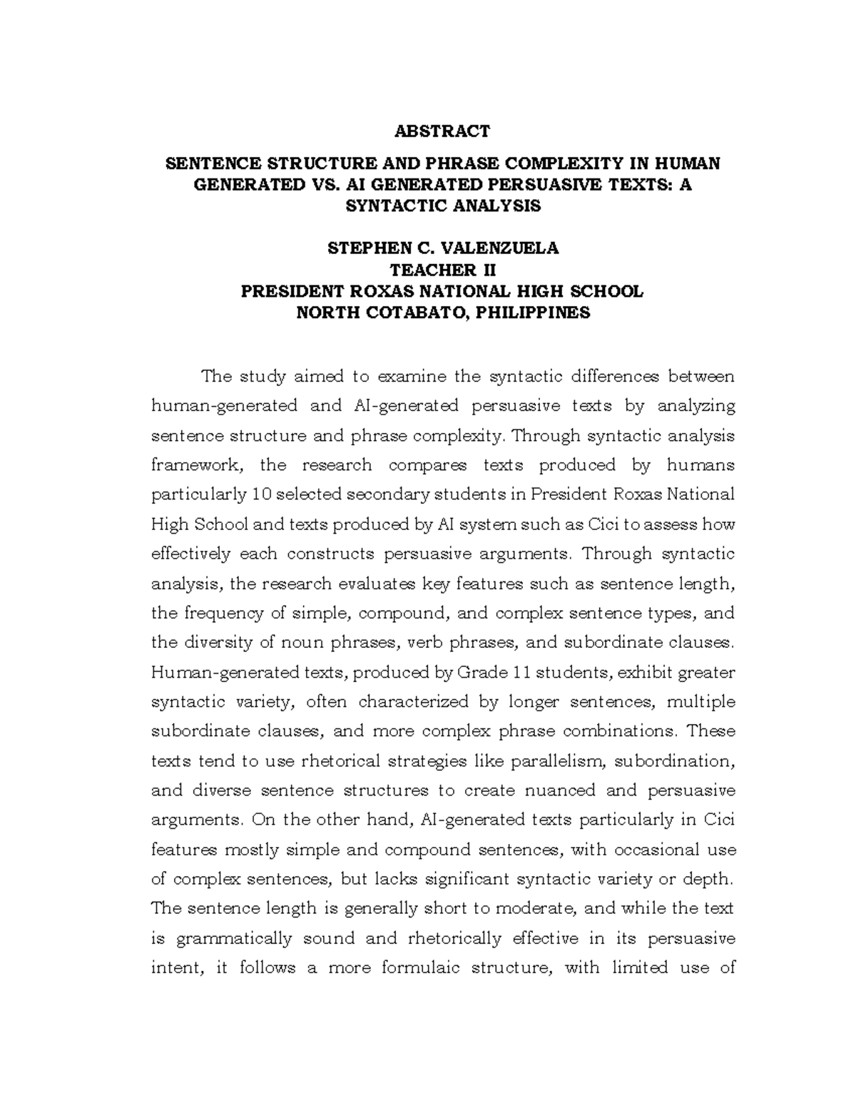 Abstract Valenzuela Stephen - ABSTRACT SENTENCE STRUCTURE AND PHRASE ...