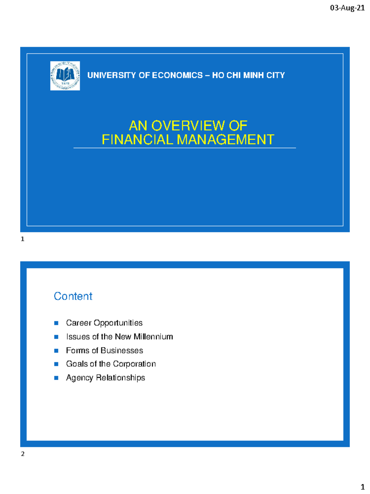 Lecture 1 An Overview Of Financial Management University Of Economics Ho Chi Minh City An Lecture 1 An Overview Of Financial Management University Of Economics Ho Chi Minh City An