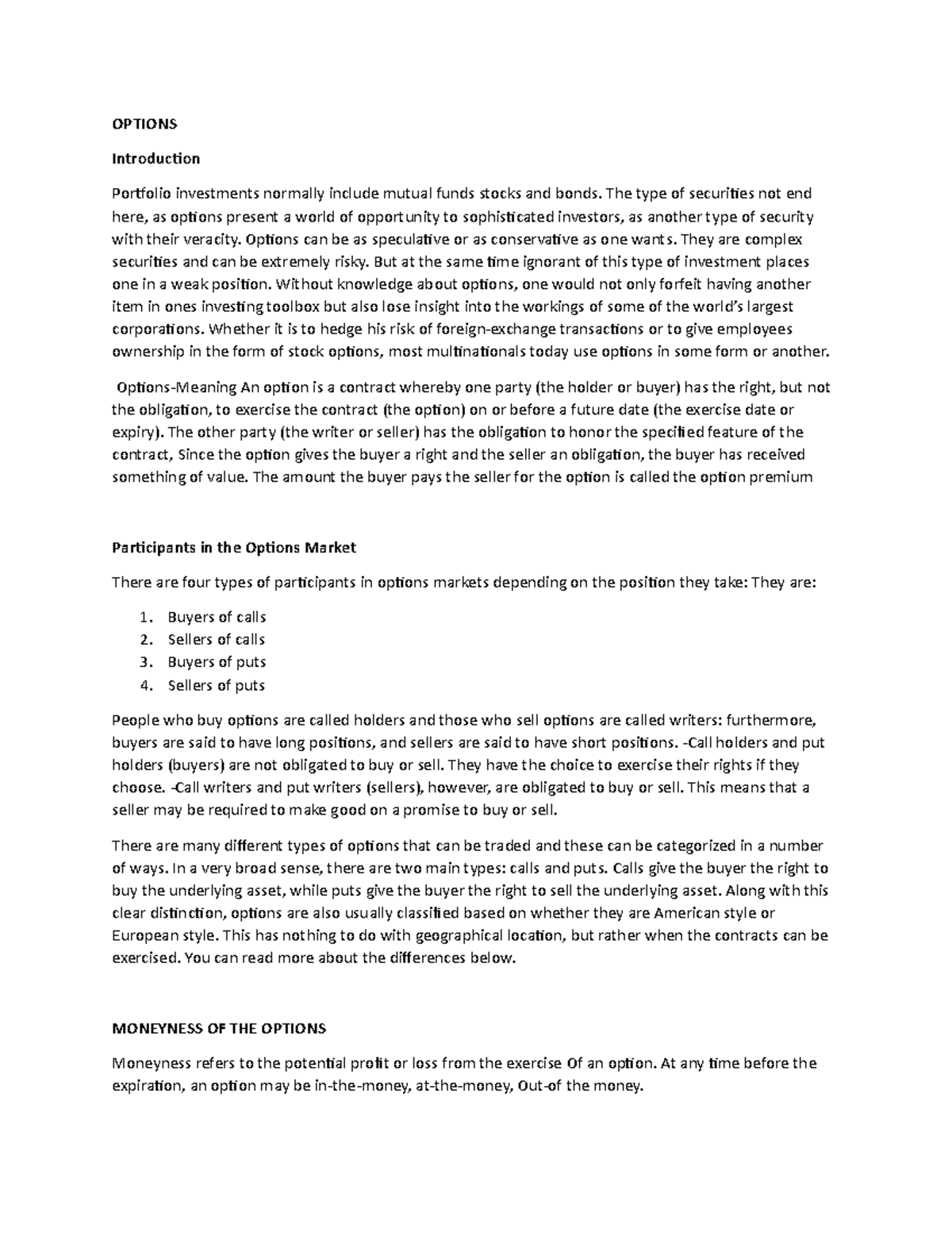 Options - Business studies - OPTIONS Introduction Portfolio investments ...
