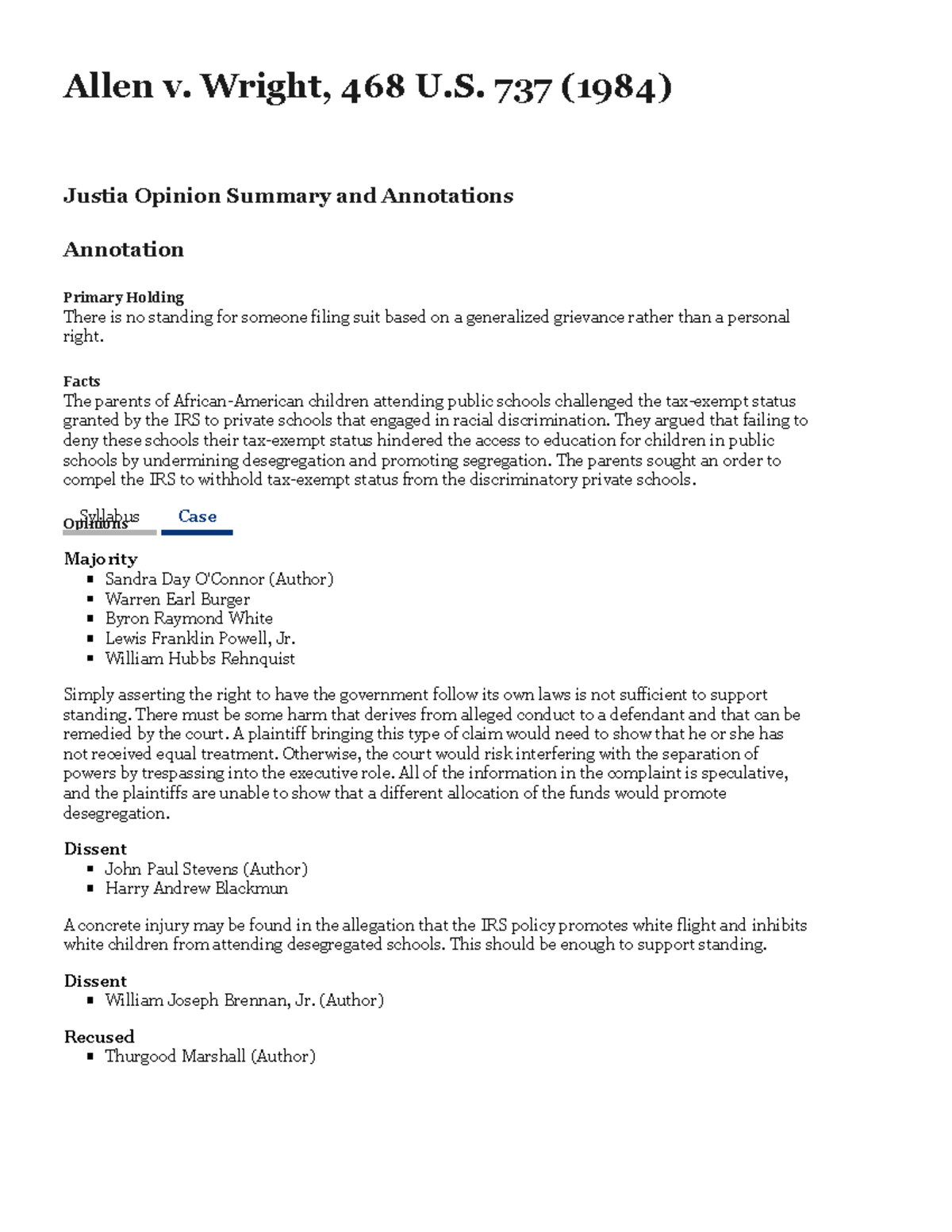 Allen v. Wright 468 U.S. 737 (1984) Justia US Supreme Court Center