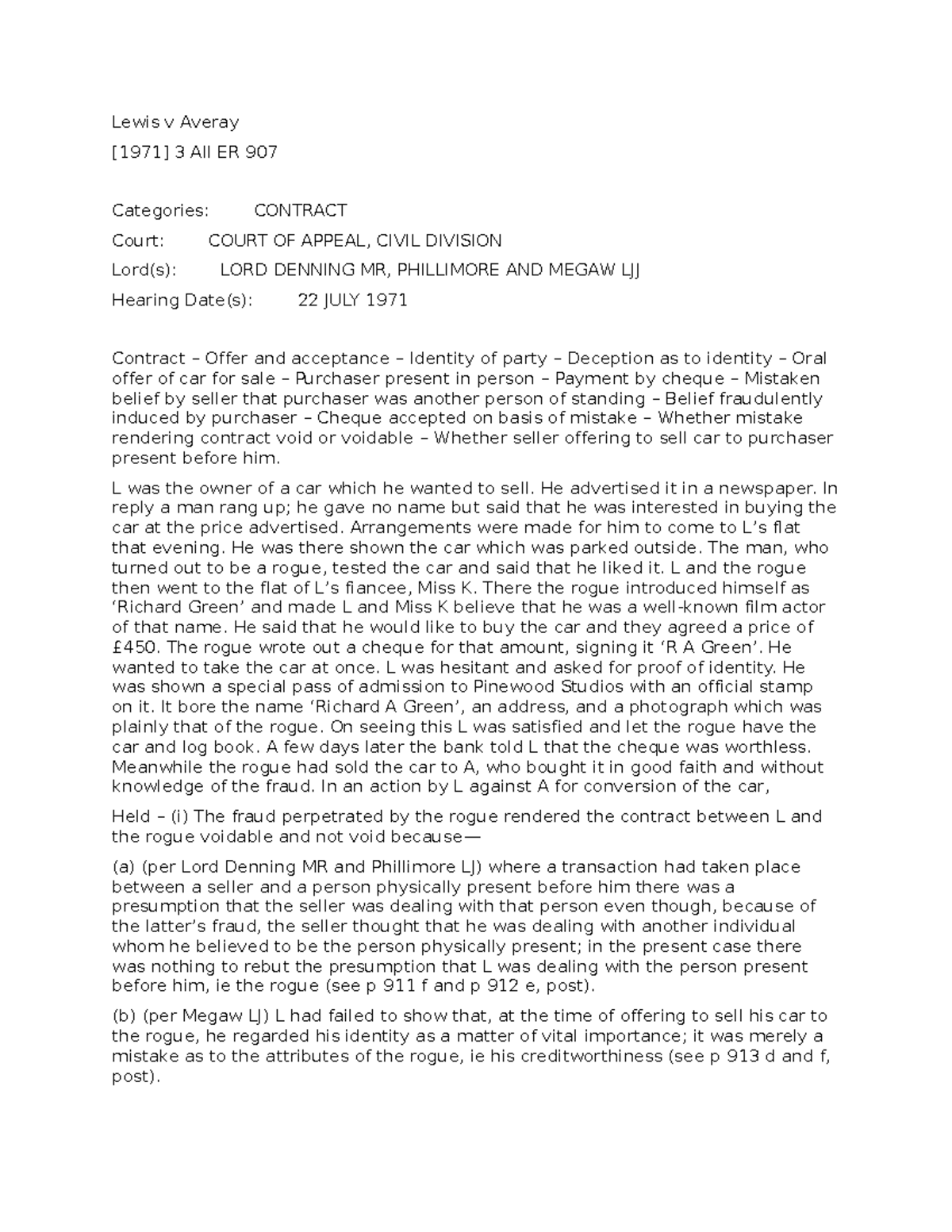 Lewis V. Averay case brief Lewis v Averay [1971] 3 All ER 907