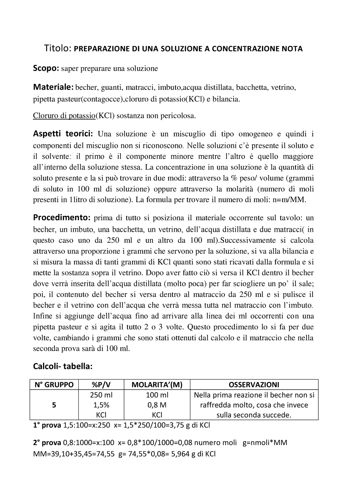 Relazione Chimica 19 Titolo Preparazione Di Una Soluzione A