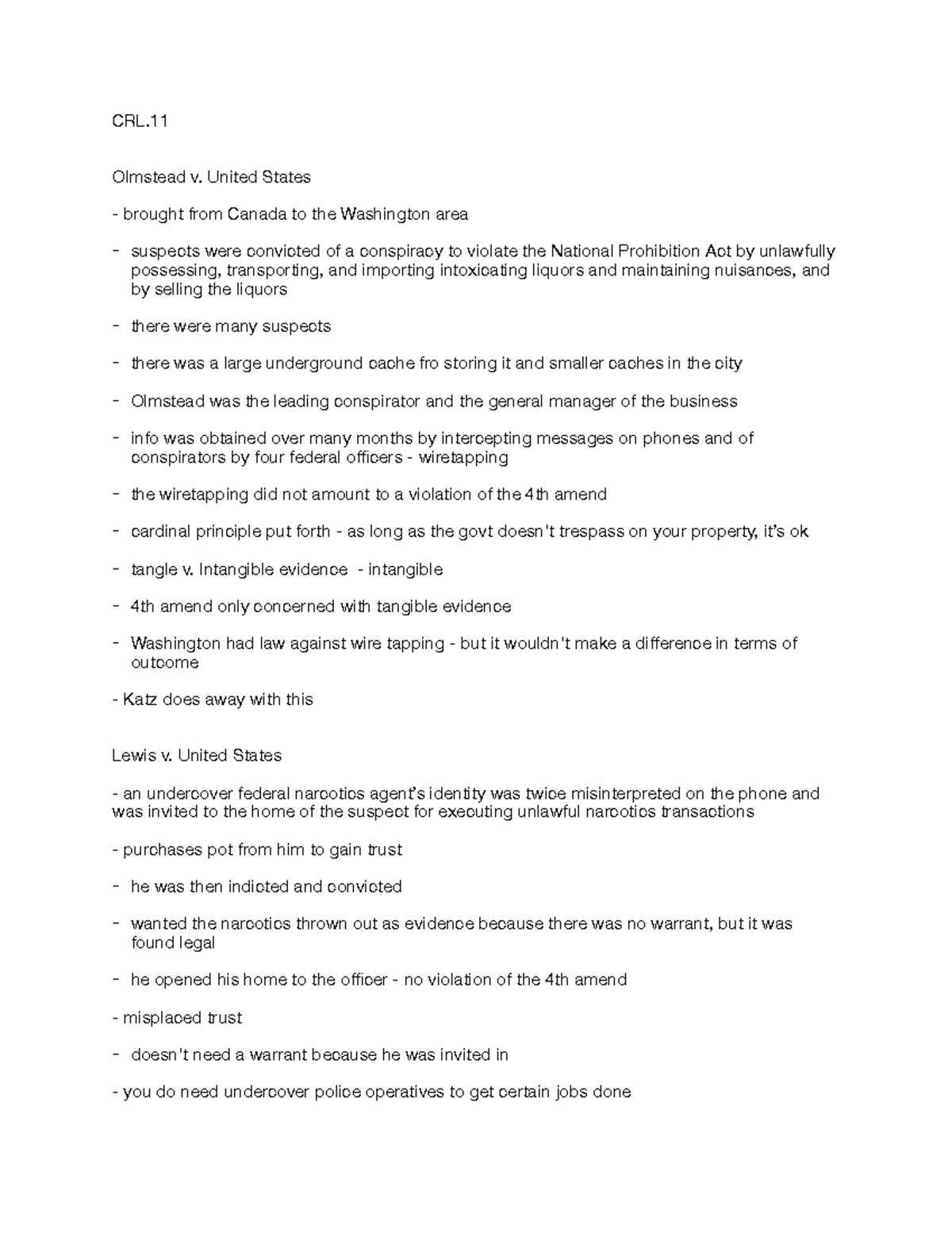 Civil Liberties 11 - CRL. Olmstead v. United States brought from Canada ...