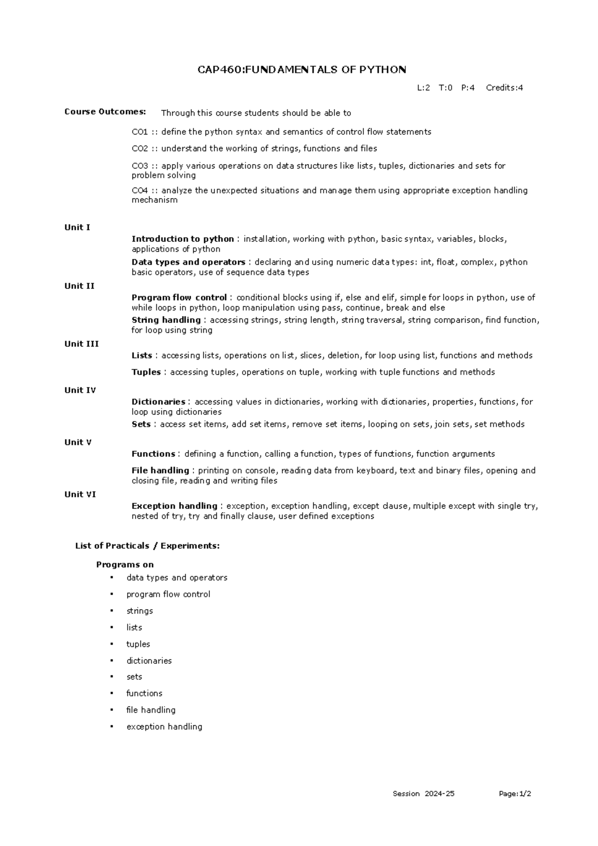 Python programming syllabus of cap460 - CAP460:FUNDAMENTALS OF PYTHON ...