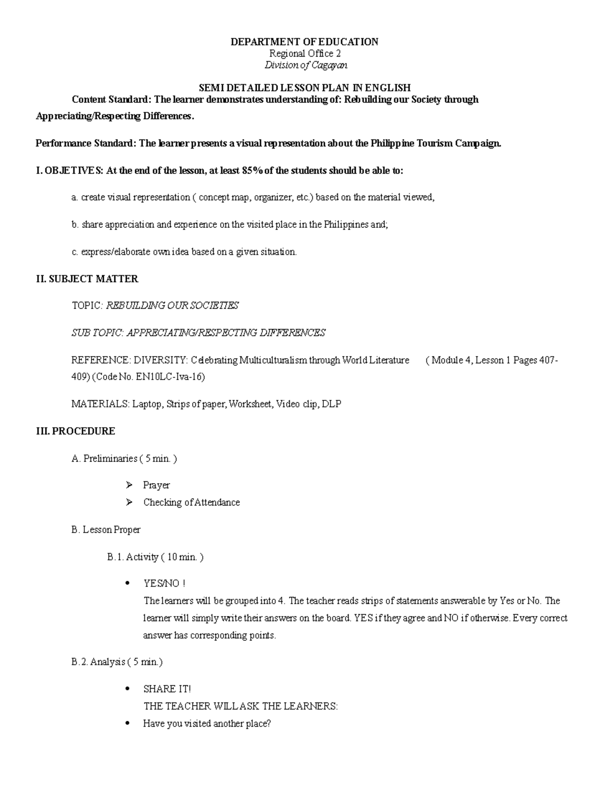 Junior High School DEMO Lesson plan for ranking - Bachelor of Secondary ...