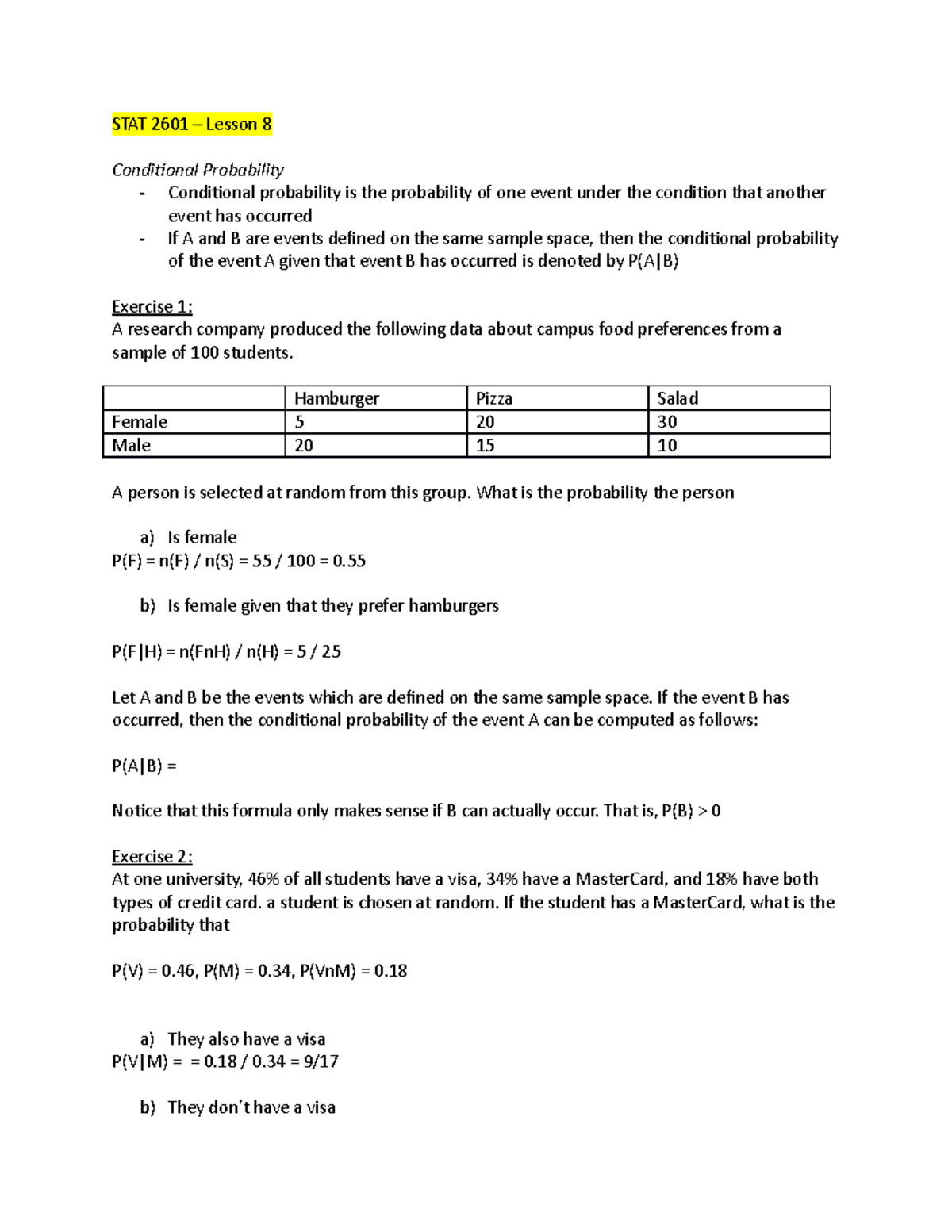 Lesson 8, 9, 10 notes - Conditional Probability. Independent Events ...