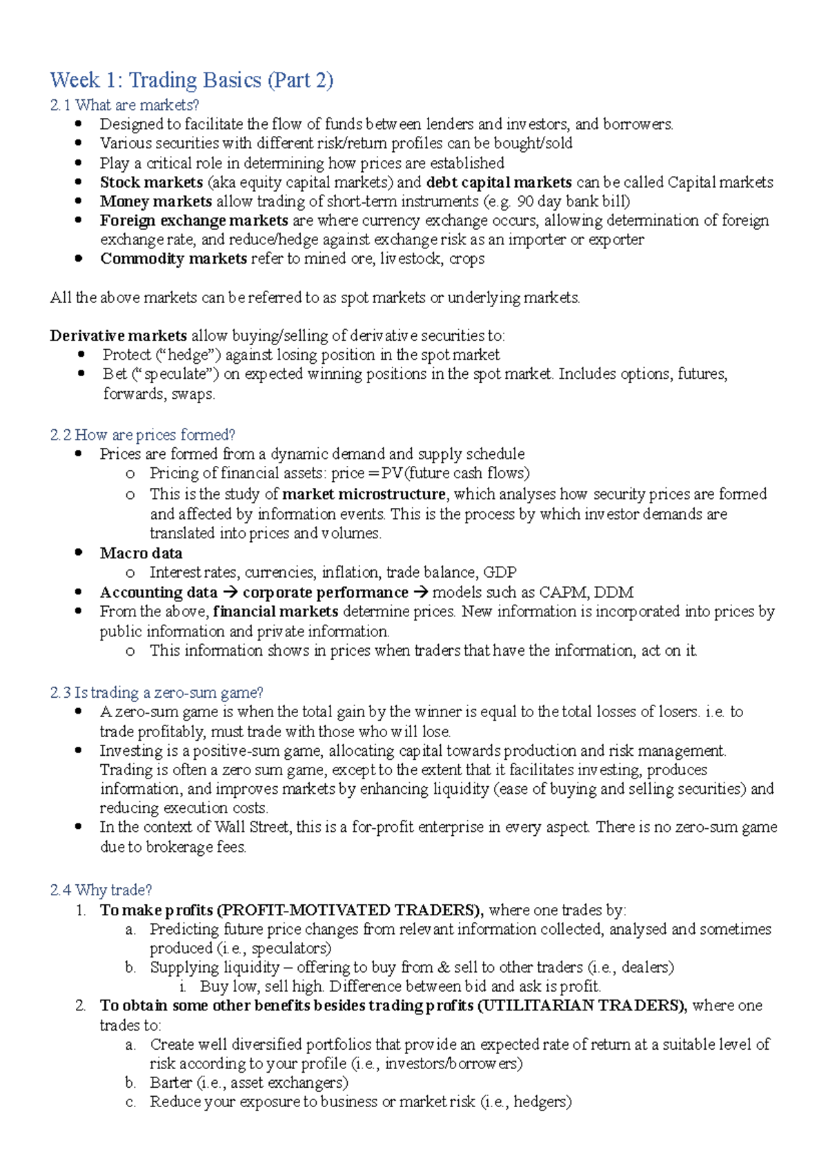 FINC3014 Notes - Week 1: Trading Basics (Part 2) 2 What are markets ...