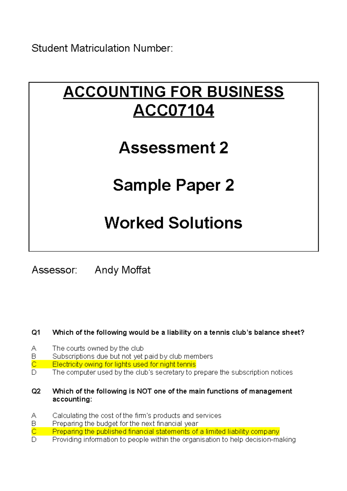 Sample Paper 2 Worked Solutions - Student Matriculation Number ...