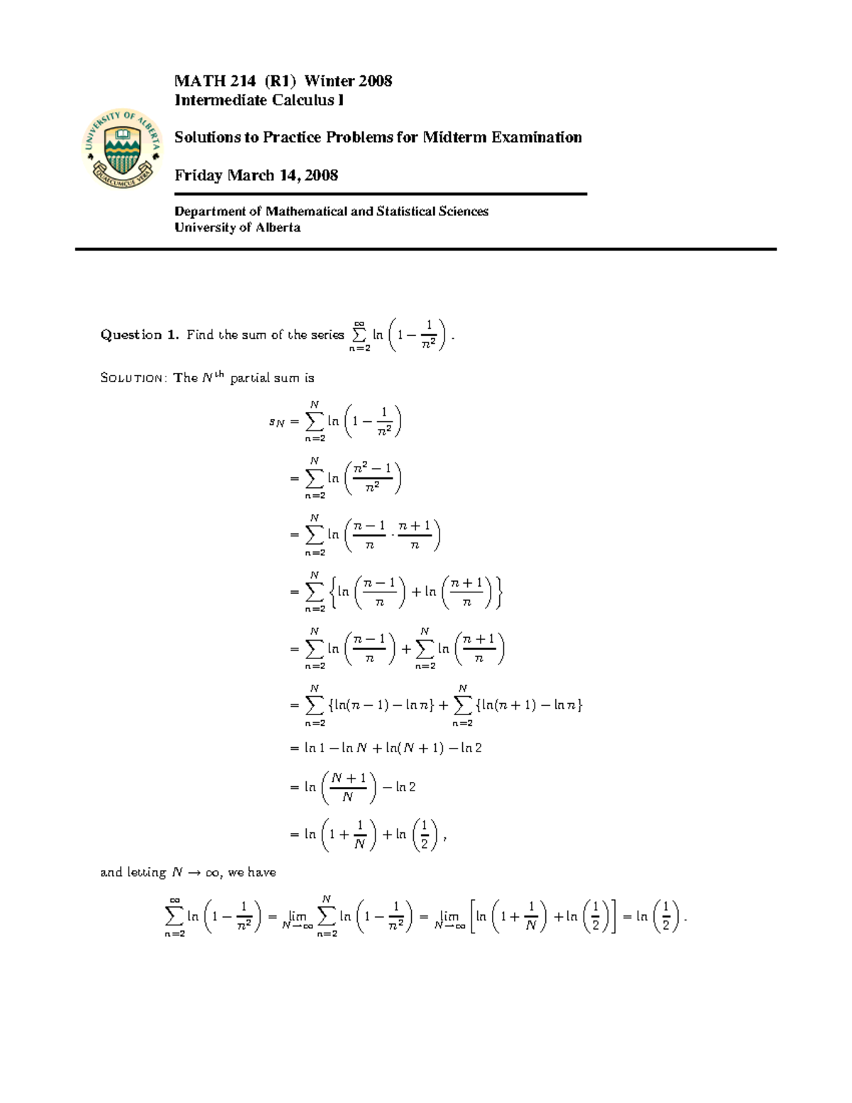 MATH 214 Soln - MATH 214 (R1) Winter 2008 Intermediate Calculus I ...