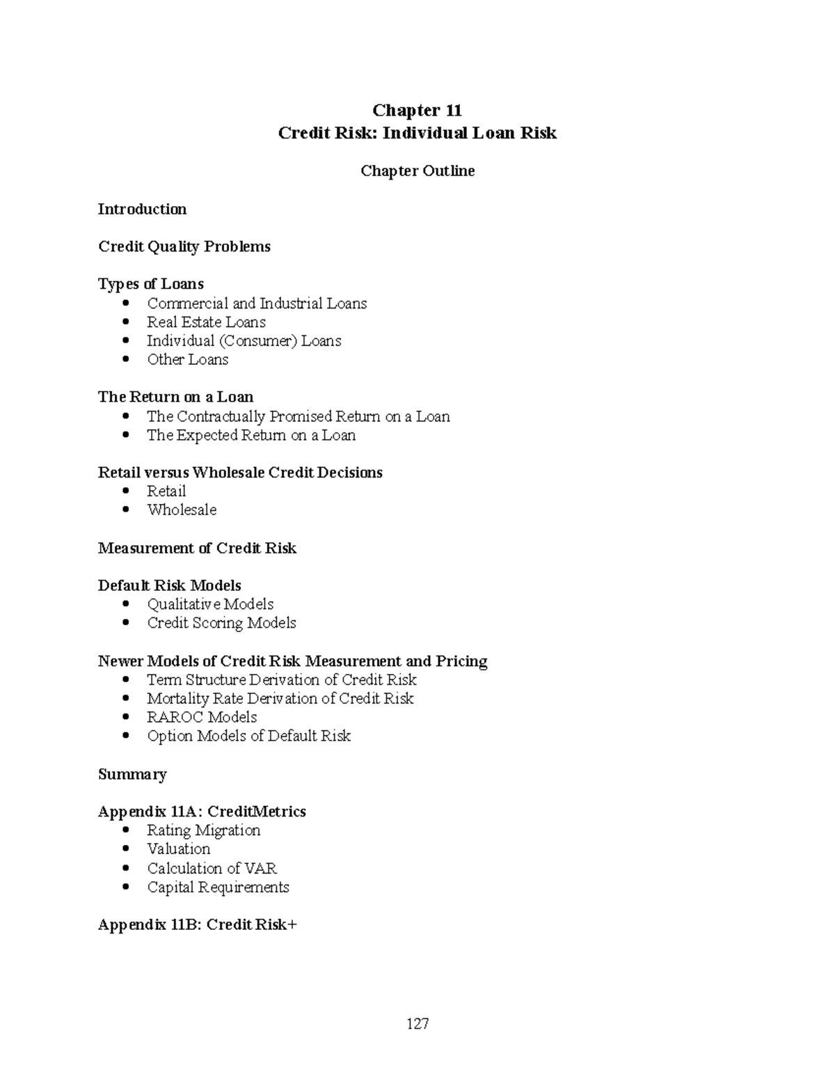 Credit Risk Individual Loan Risk Chap011 - Chapter 11 Credit Risk ...