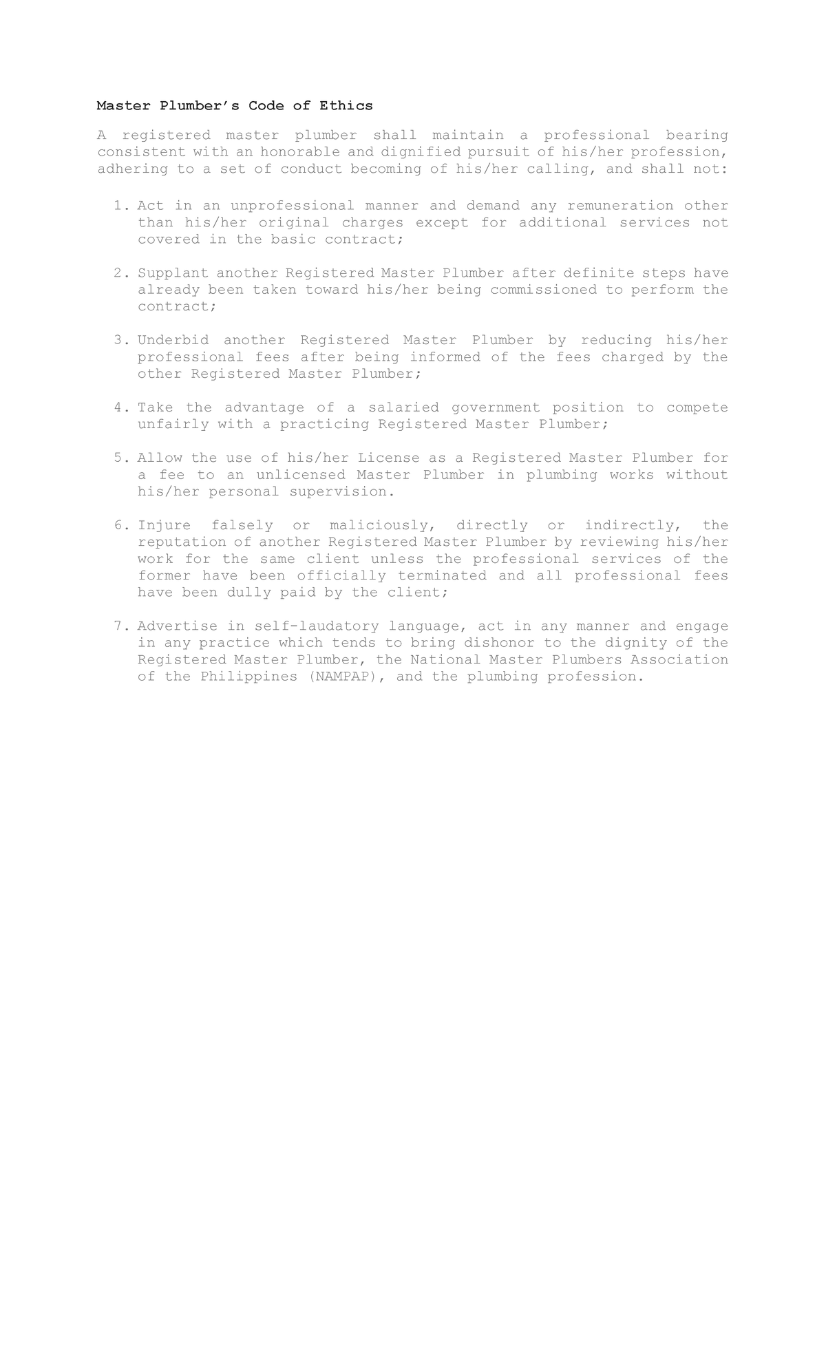 Master Plumber Code of Ethics - Act in an unprofessional manner and ...