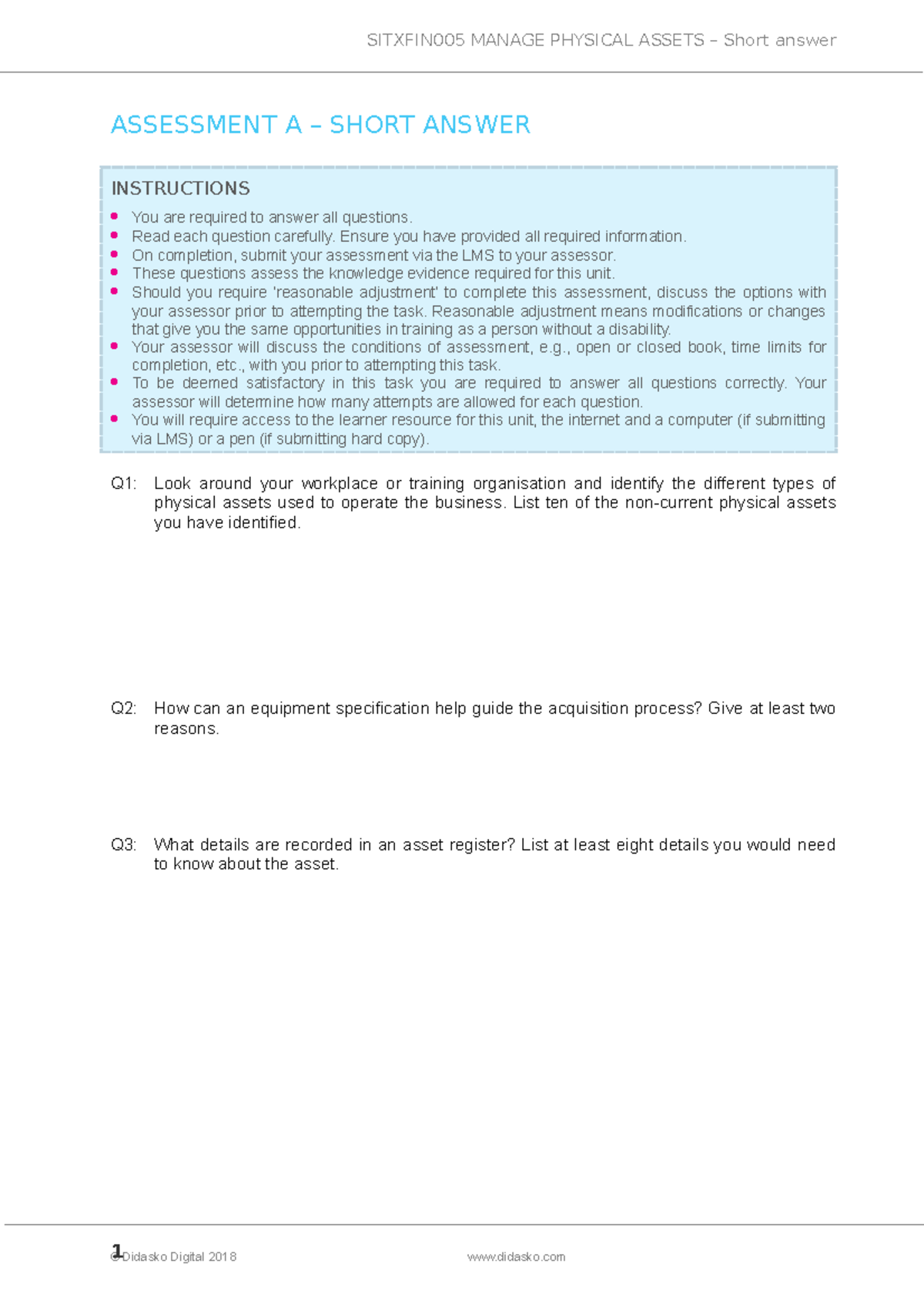 Sitxfin 005 Assessment A Short answer V21 ASSESSMENT A SHORT