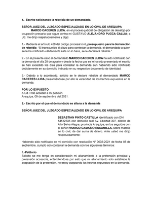 Rebeldía y allanamiento  Escrito solicitando la rebeldía de un  demandado. SEÑOR JUEZ DEL - Studocu