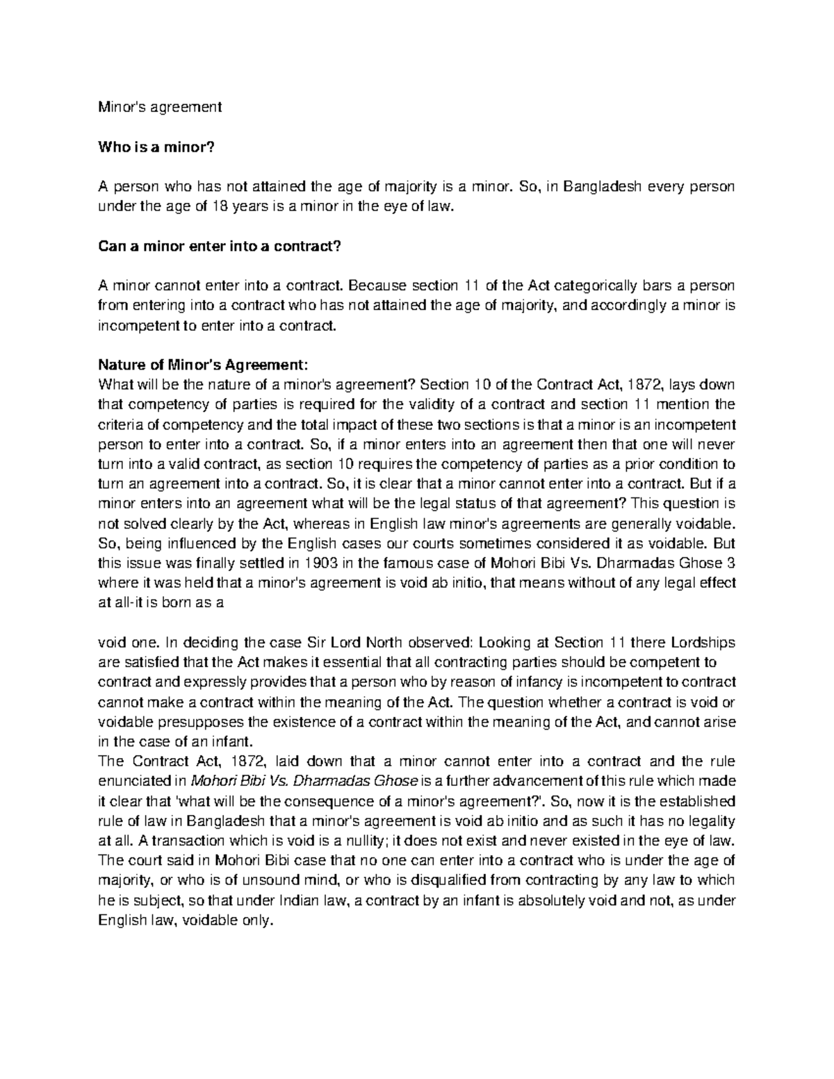 Introduction to law - Minor's agreement Who is a minor? A person who ...