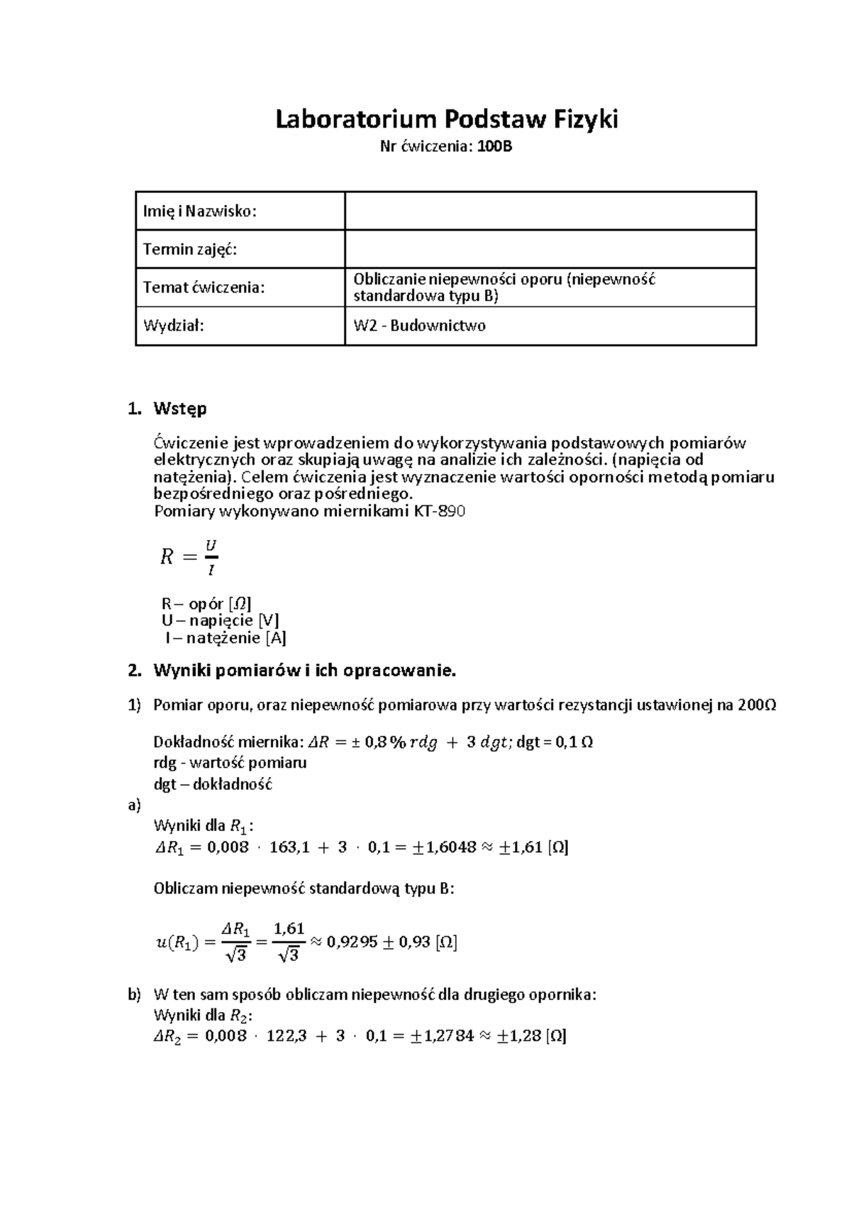 Sprawozdanie 100 B Fizyka Na W2 - Laboratorium Podstaw Fizyki Nr ...