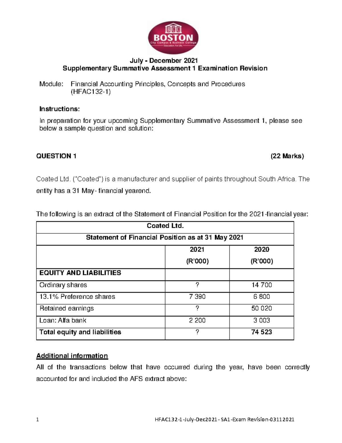 SA1-Exam Scope Revision Question- HFAC132-1 - Module: Financial ...