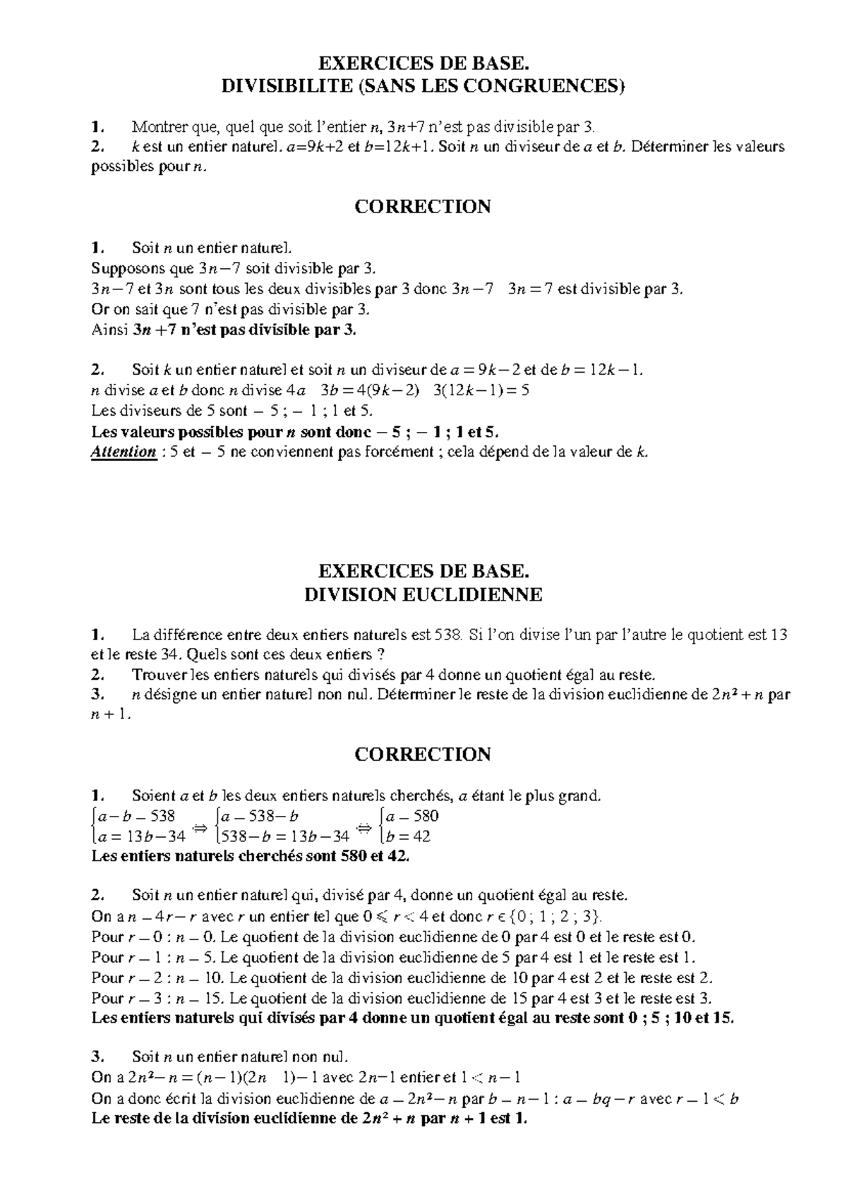 Des Exercices Corrigés Sur Les Congruences Et La Divisibilité ...