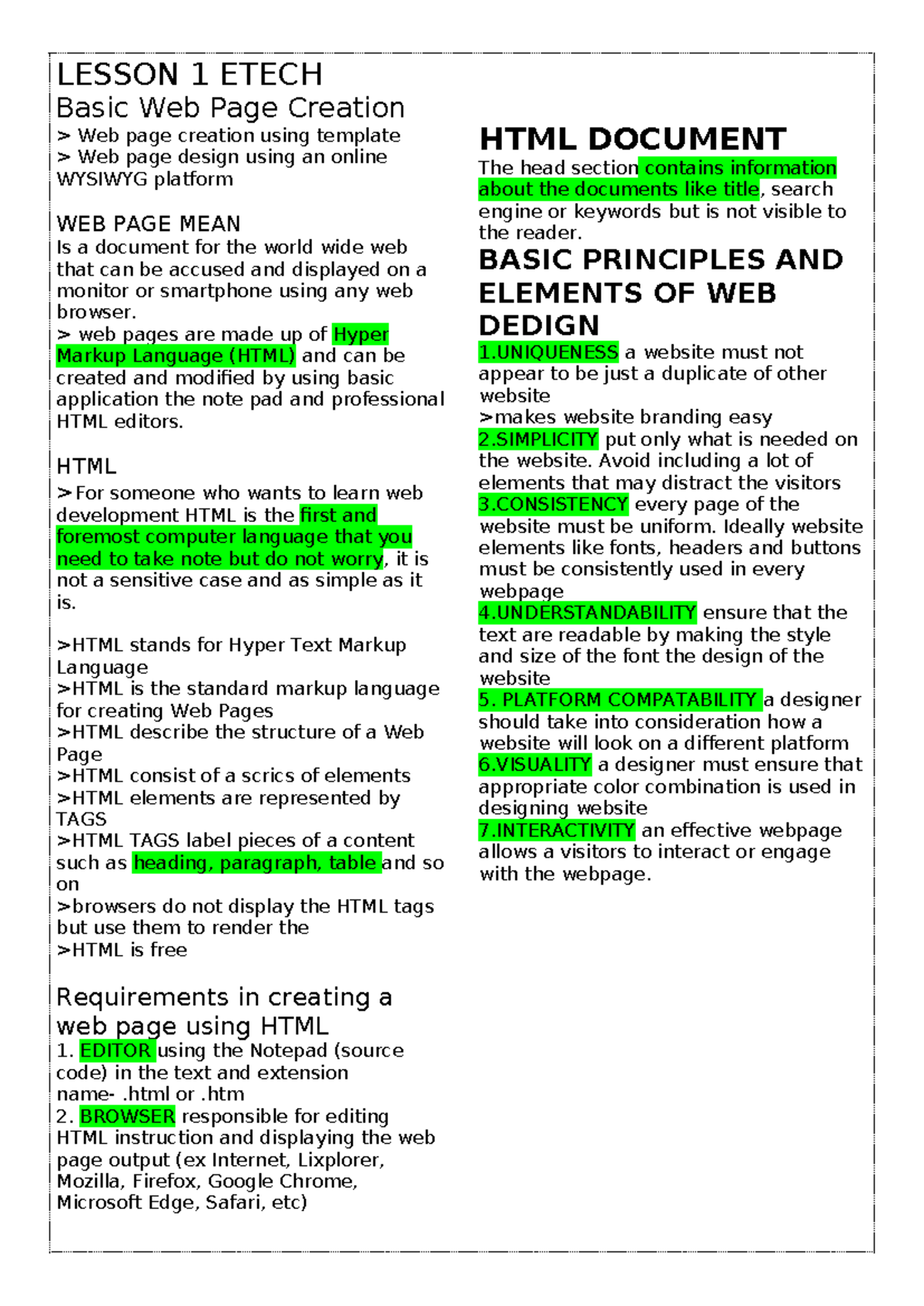 Reviewer- Etech - LESSON 1 ETECH Basic Web Page Creation > Web page ...