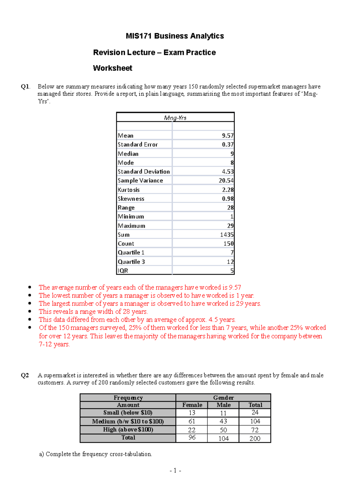 MIS171 Worksheet Revision - 1 - MIS171 Business Analytics Revision ...
