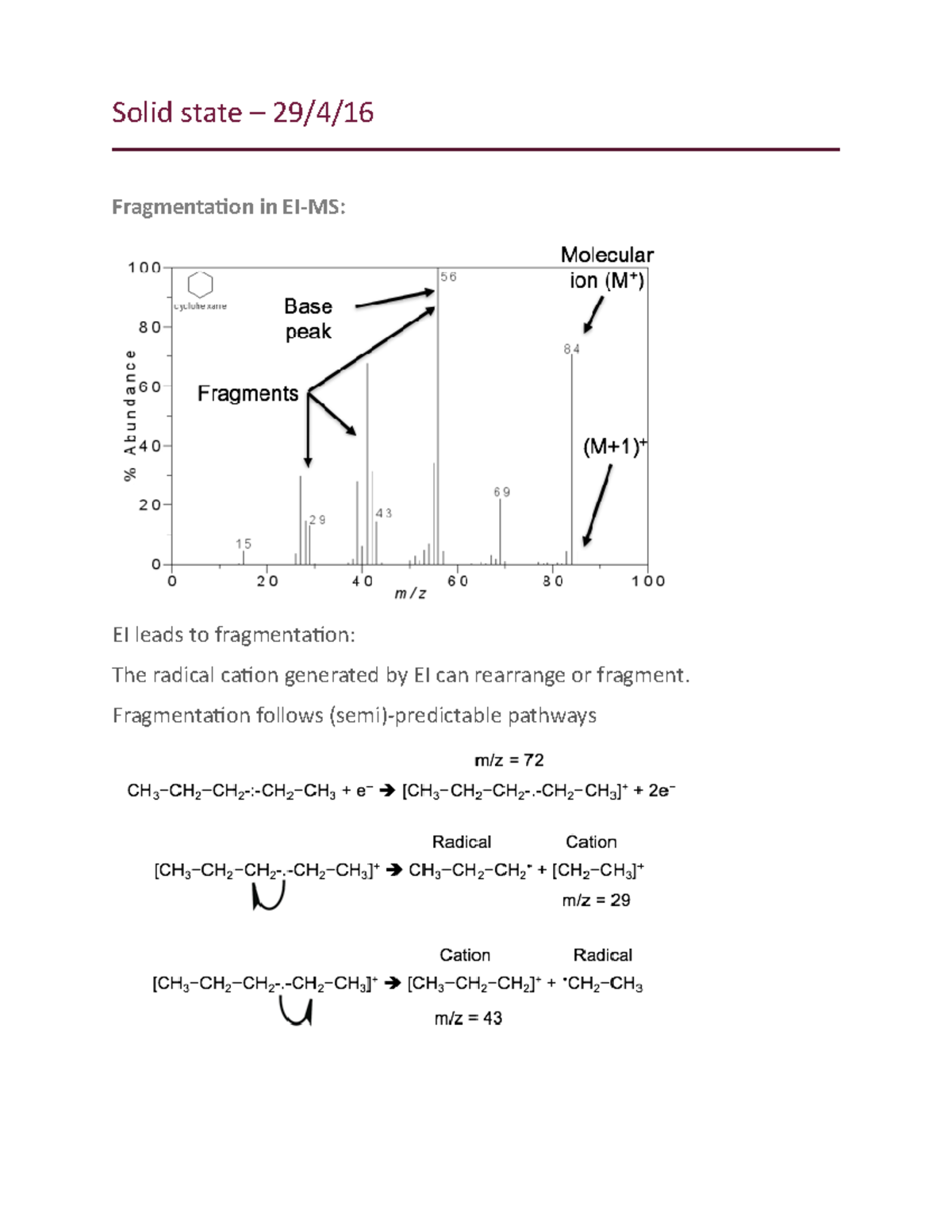 Solid state – lecture 6 - Solid state – 29/4/16 Fragmentation in EI-MS ...