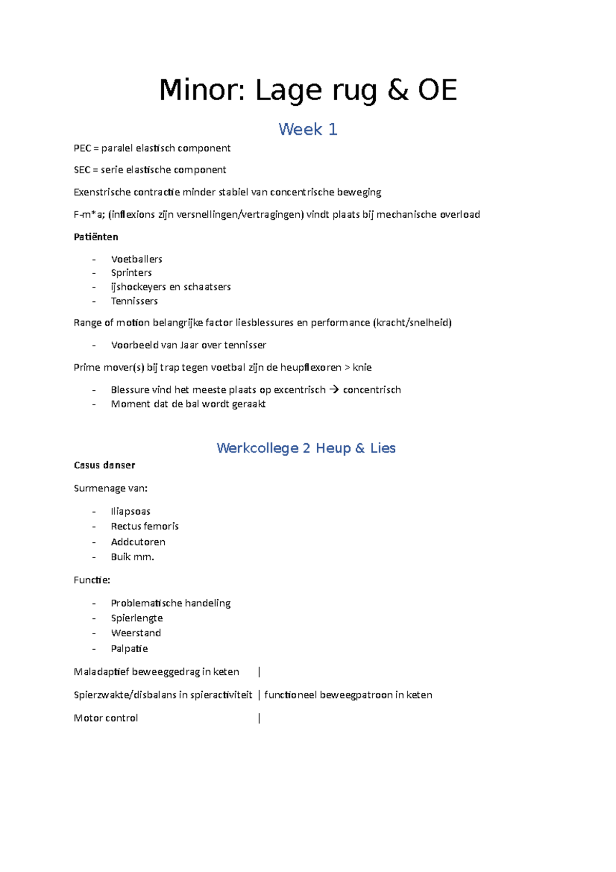 Praktijklessen Minor Lage rug en OE - Minor: Lage rug & OE Week 1 PEC ...