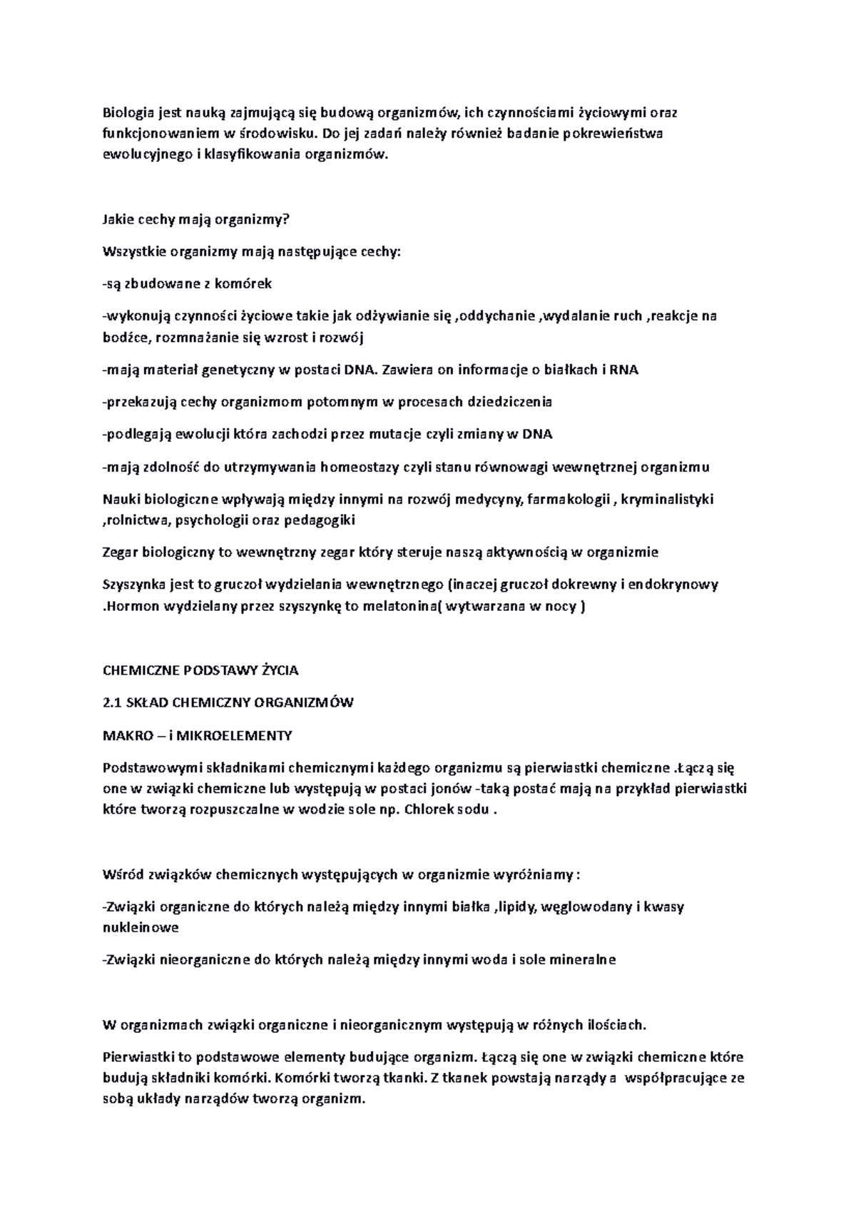 Notatki - biologia - dział 2 - chemiczne podstawy życia - klasa 1