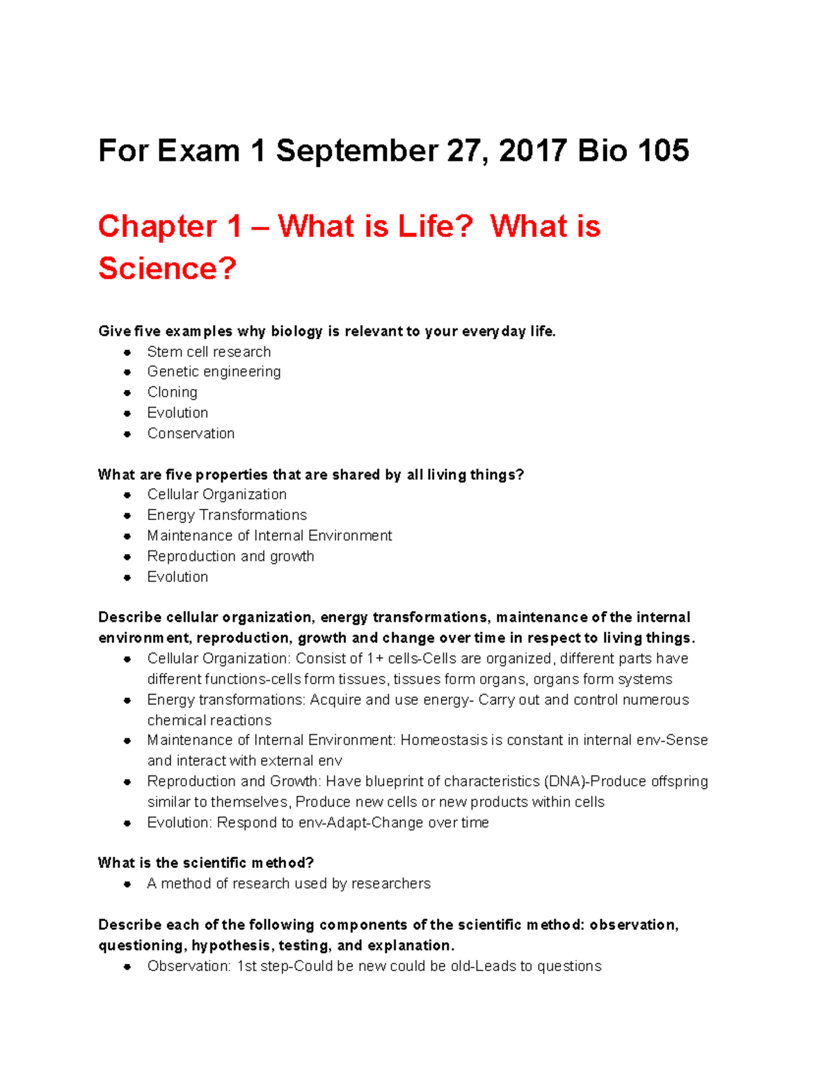 BIO EXAM 1 Bio 105 Study Guide - )RU ([DP 6HSWHPEHU %LR - Studocu