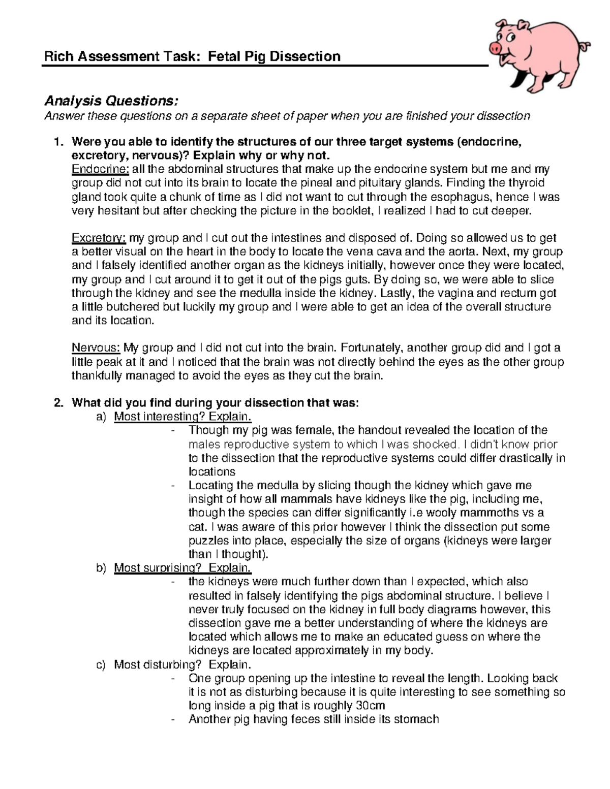 Dissection Fetal Pig Dissection Rich Assessment Task Fetal Pig