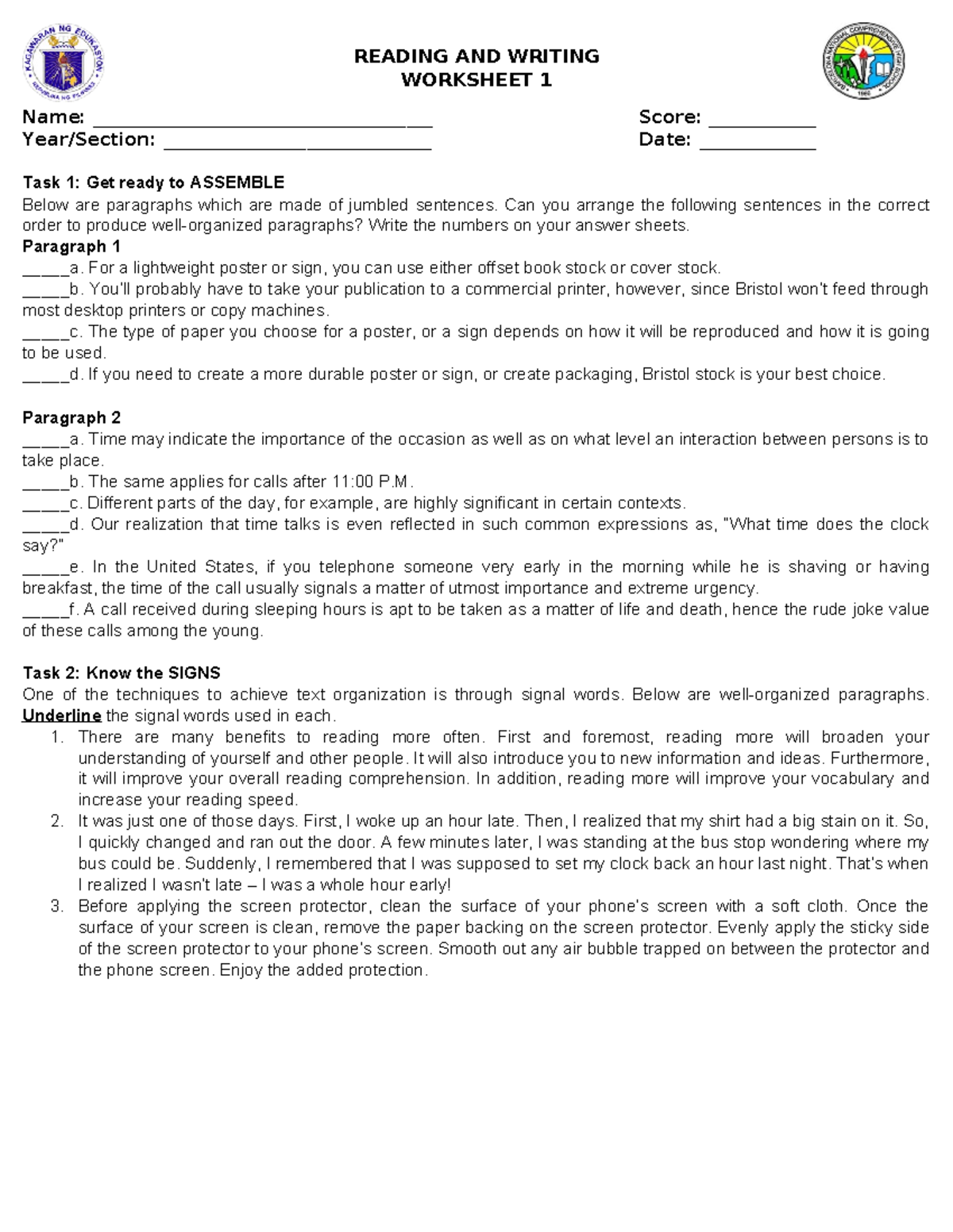 Worksheet 123 - This notes is intended for students. - WORKSHEET 1 Name ...