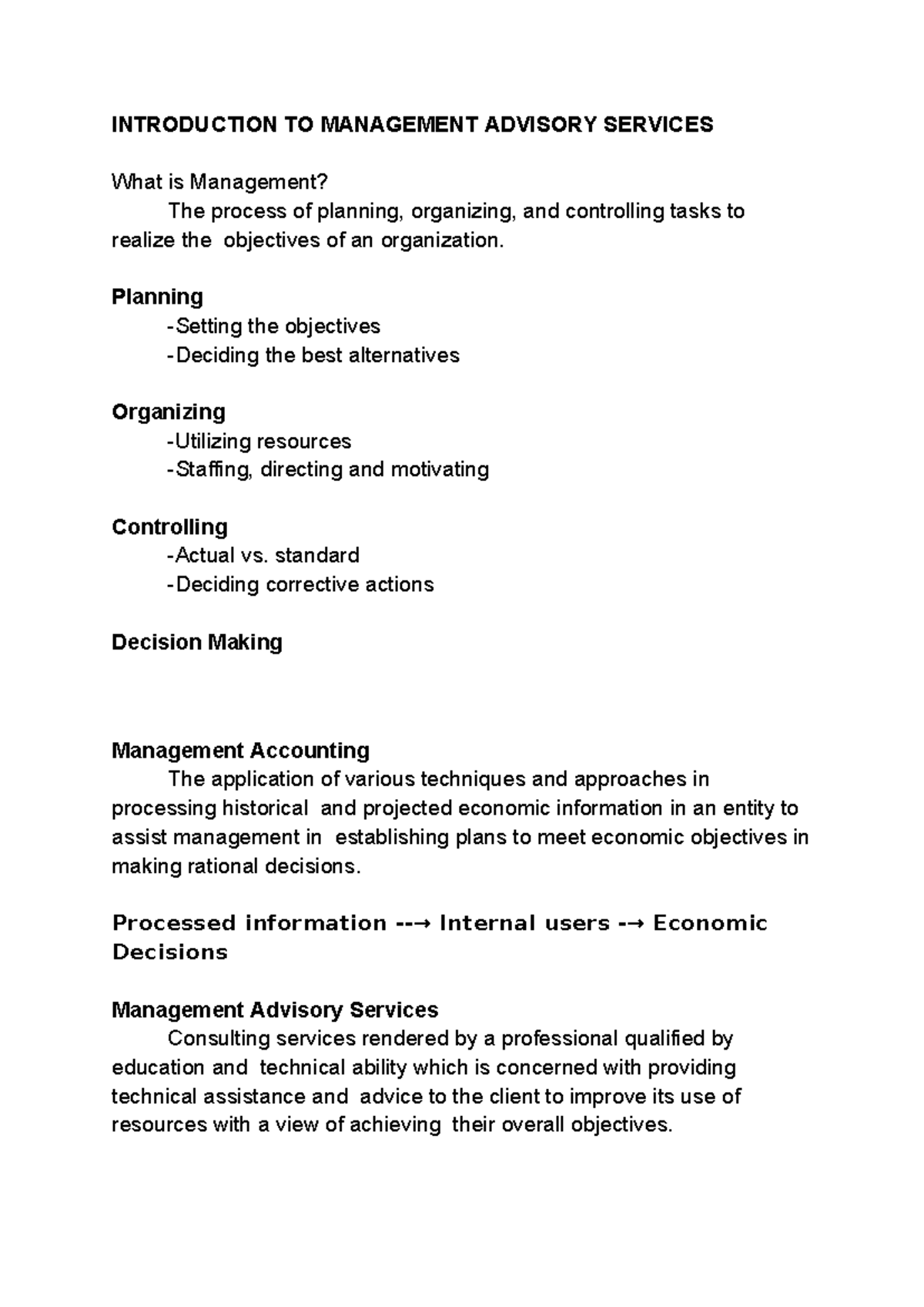 Costs and CVP - notes - INTRODUCTION TO MANAGEMENT ADVISORY SERVICES ...