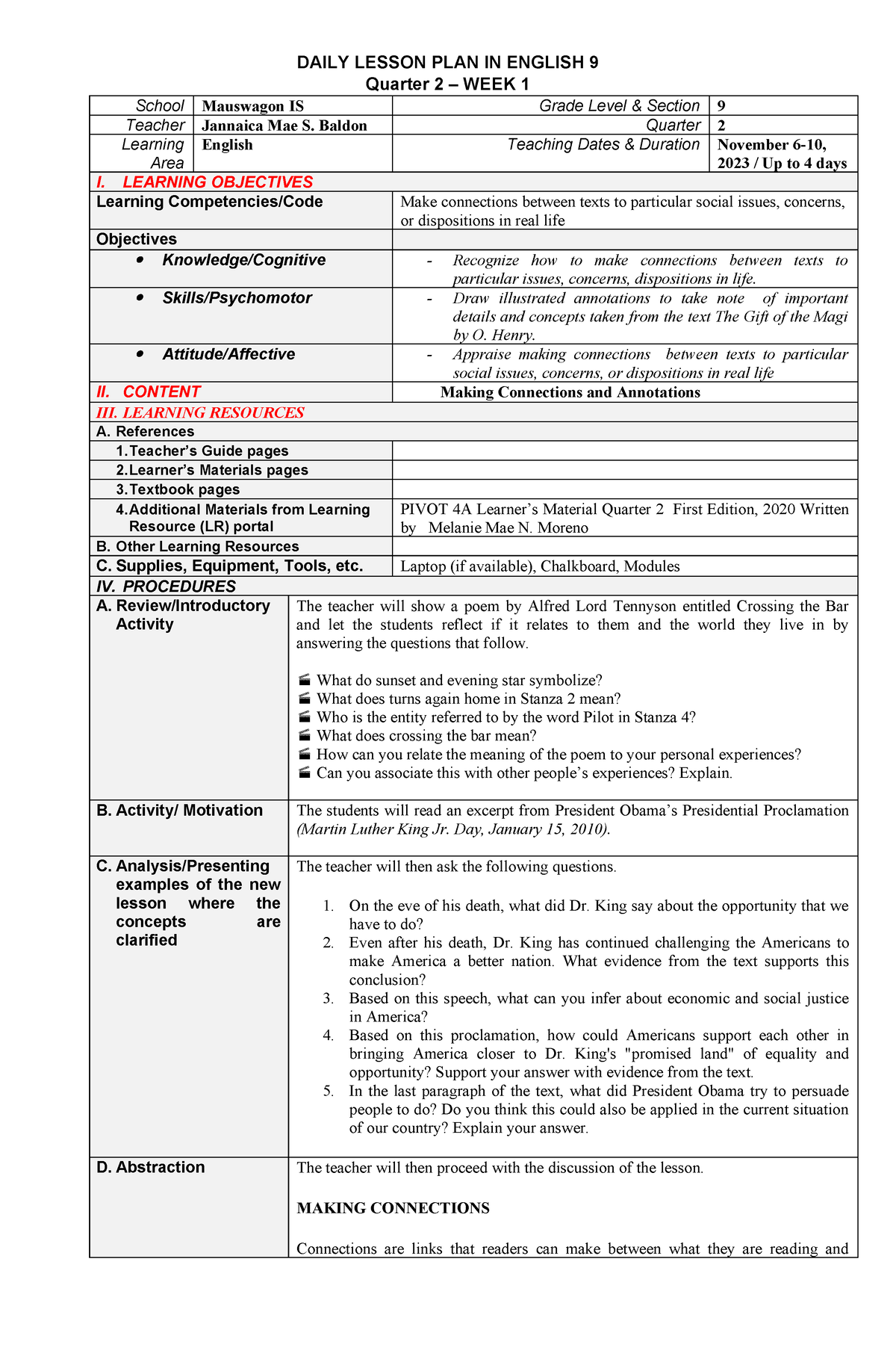 DLP-ENG9-Q2 - W1 - Semi-Detailed Lesson Plan - DAILY LESSON PLAN IN ...