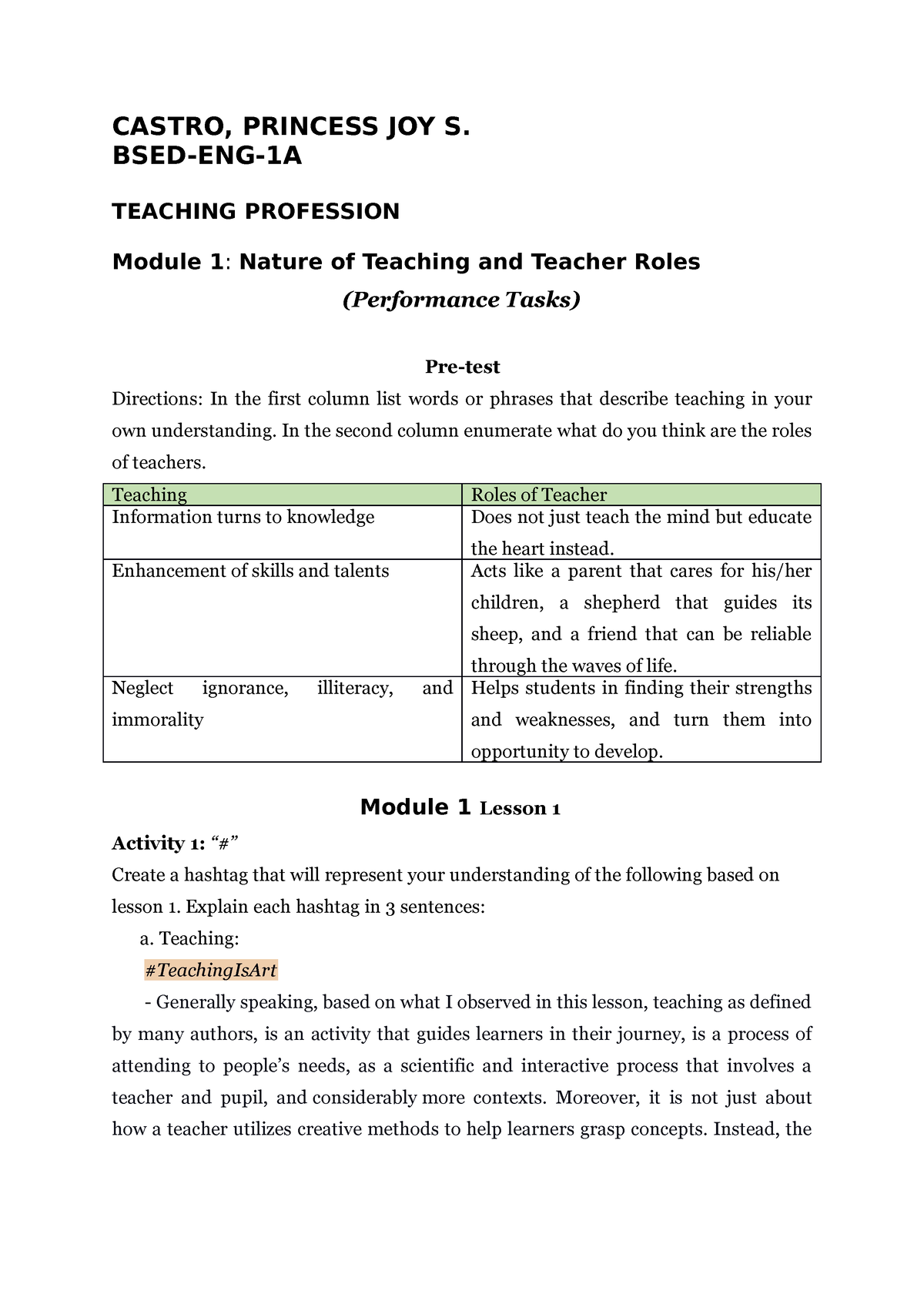 Castro BSED-ENG-1A Modules-1- Teaching- Profession - CASTRO, PRINCESS ...