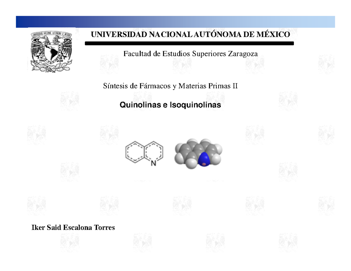 Quinolinas e Isoquinolinas Síntesis de Fármacos y Materias Primas II