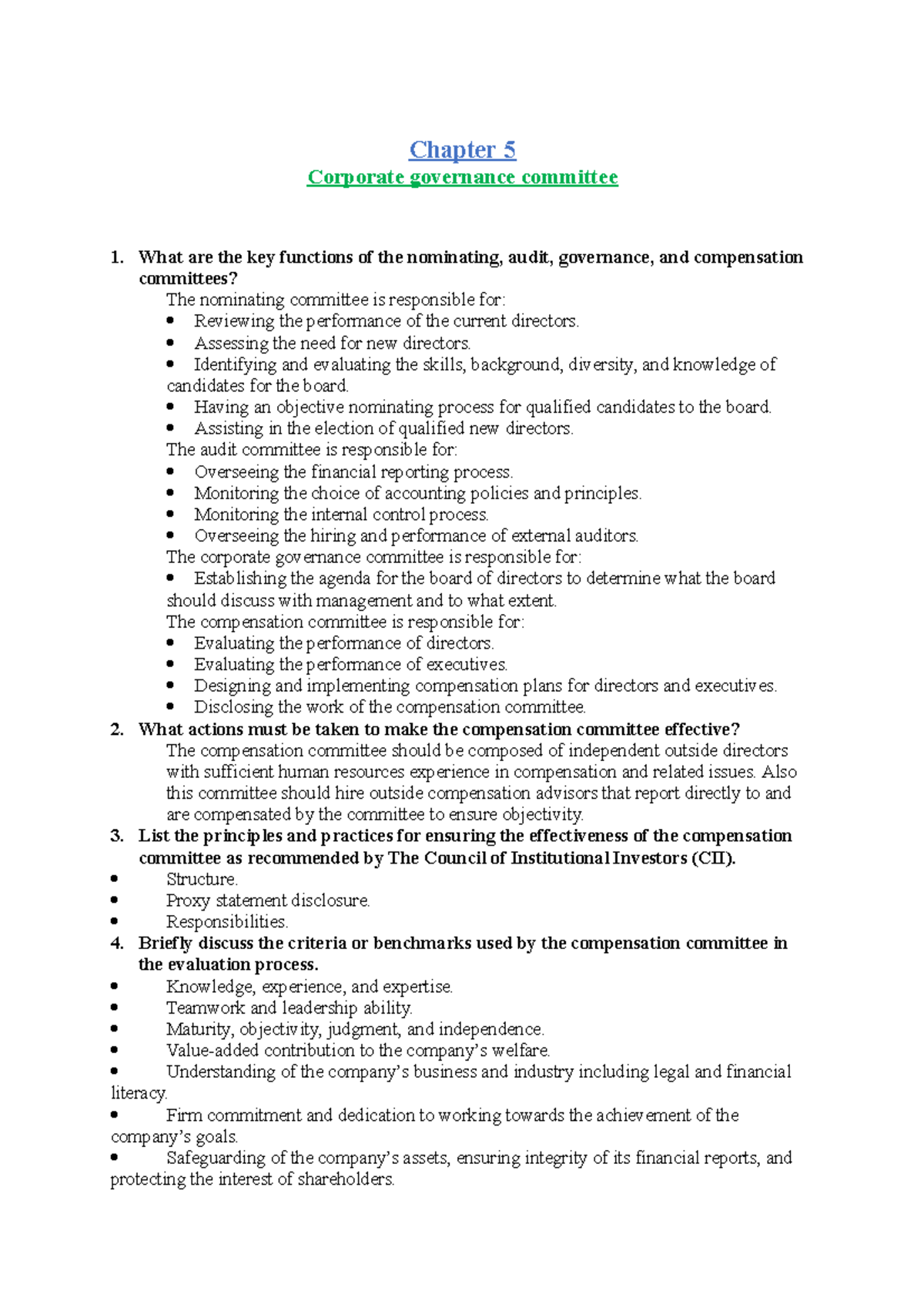 Ch05 Corporate Governance Committee Chapter 5 Corporate governance committee What are the key