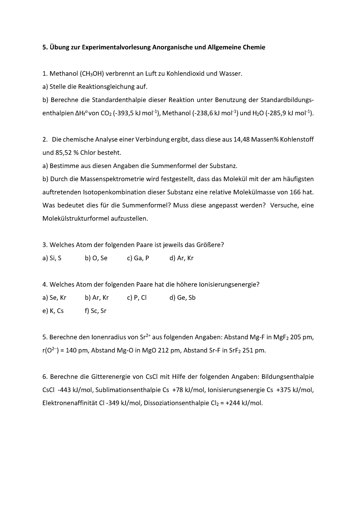 05 Übungsblatt Allgemeine und Anorganische Chemie - Übung zur ...