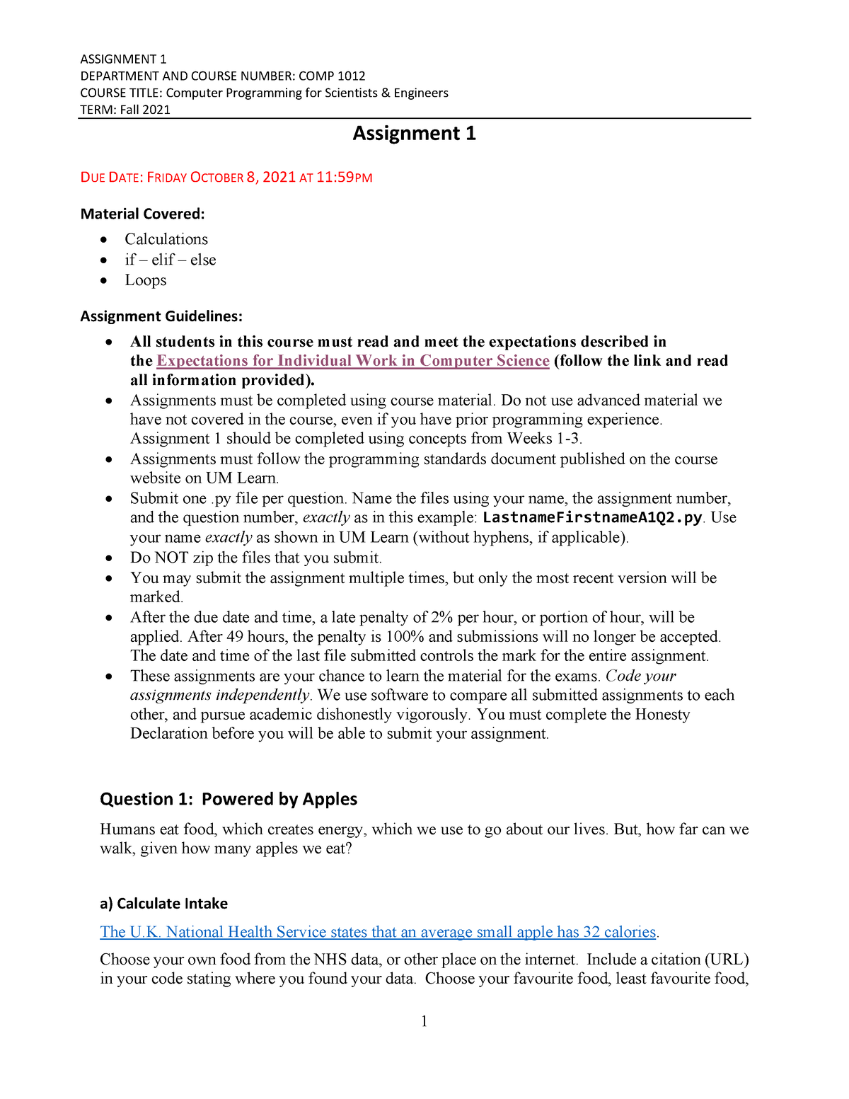 Assignment 1 - If-elif practice assignment - DEPARTMENT AND COURSE ...