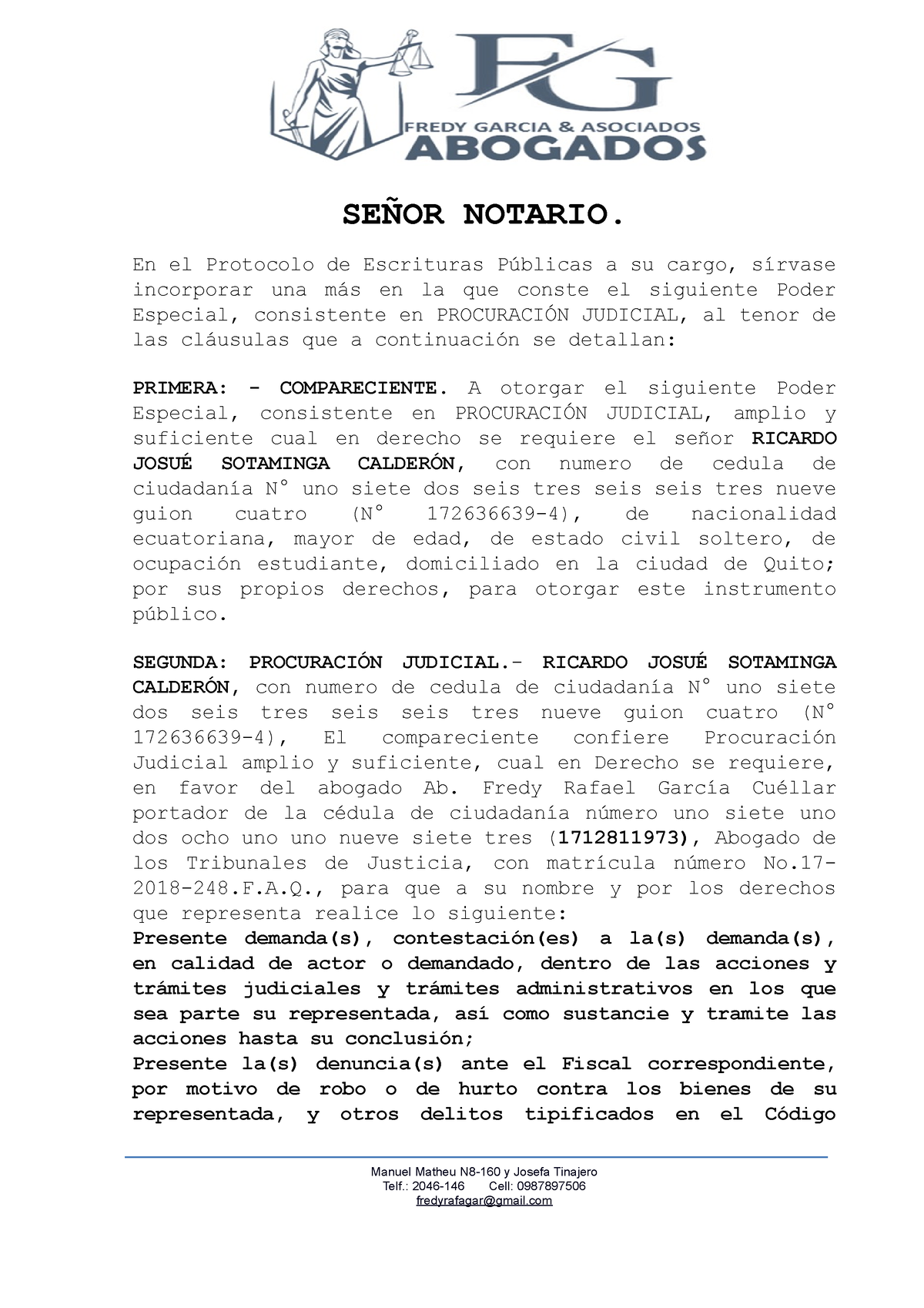 Poder Especial Ricardo Josué Sotaminga Calderón SeÑor Notario En El Protocolo De Escrituras 1811