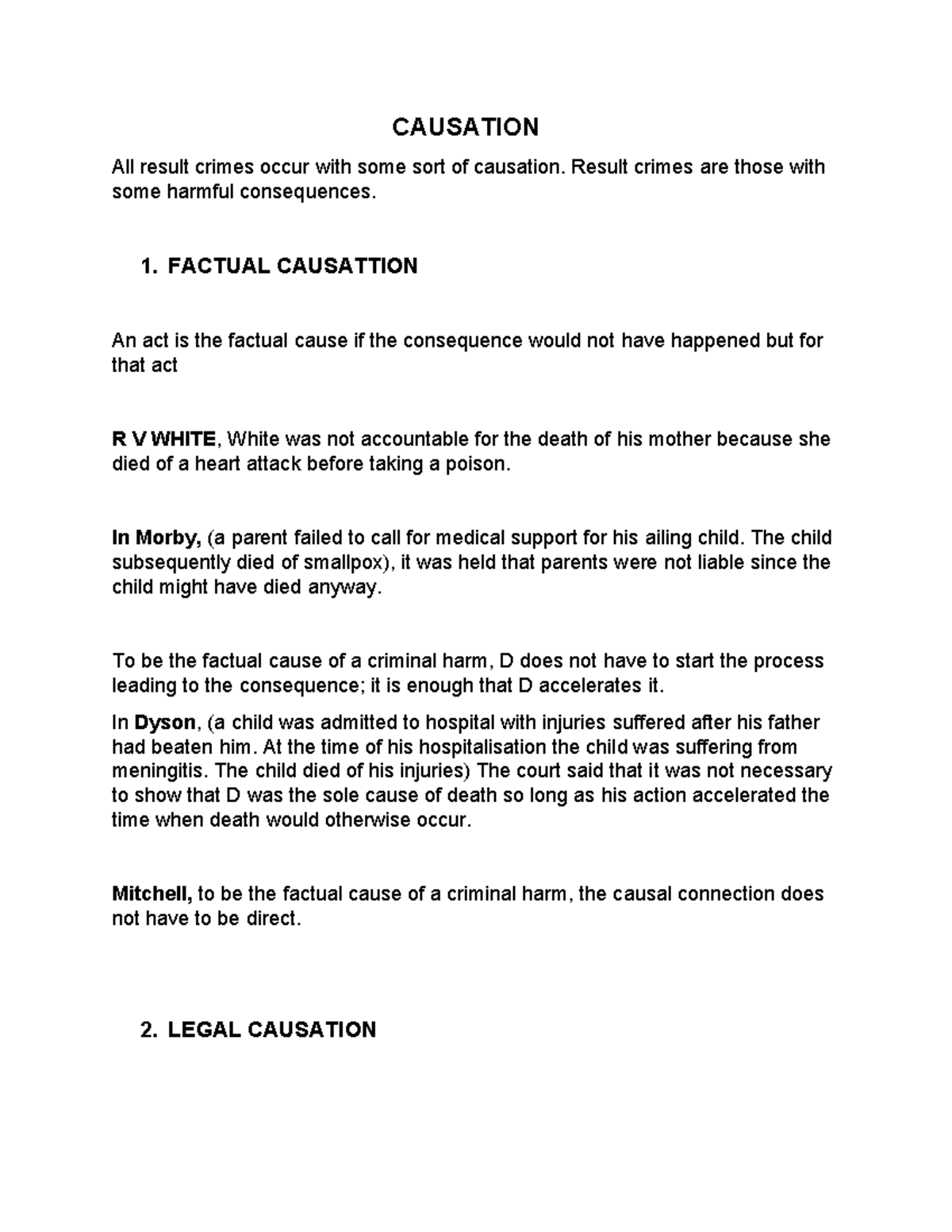 Causation Class Notes - criminal law - CAUSATION All result crimes ...