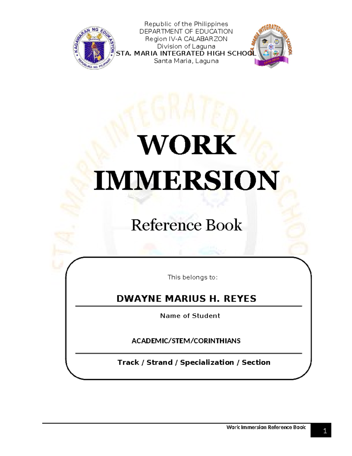 Work Immersion Journal STEM 2023 2024 - Work Immersion Reference Book ...