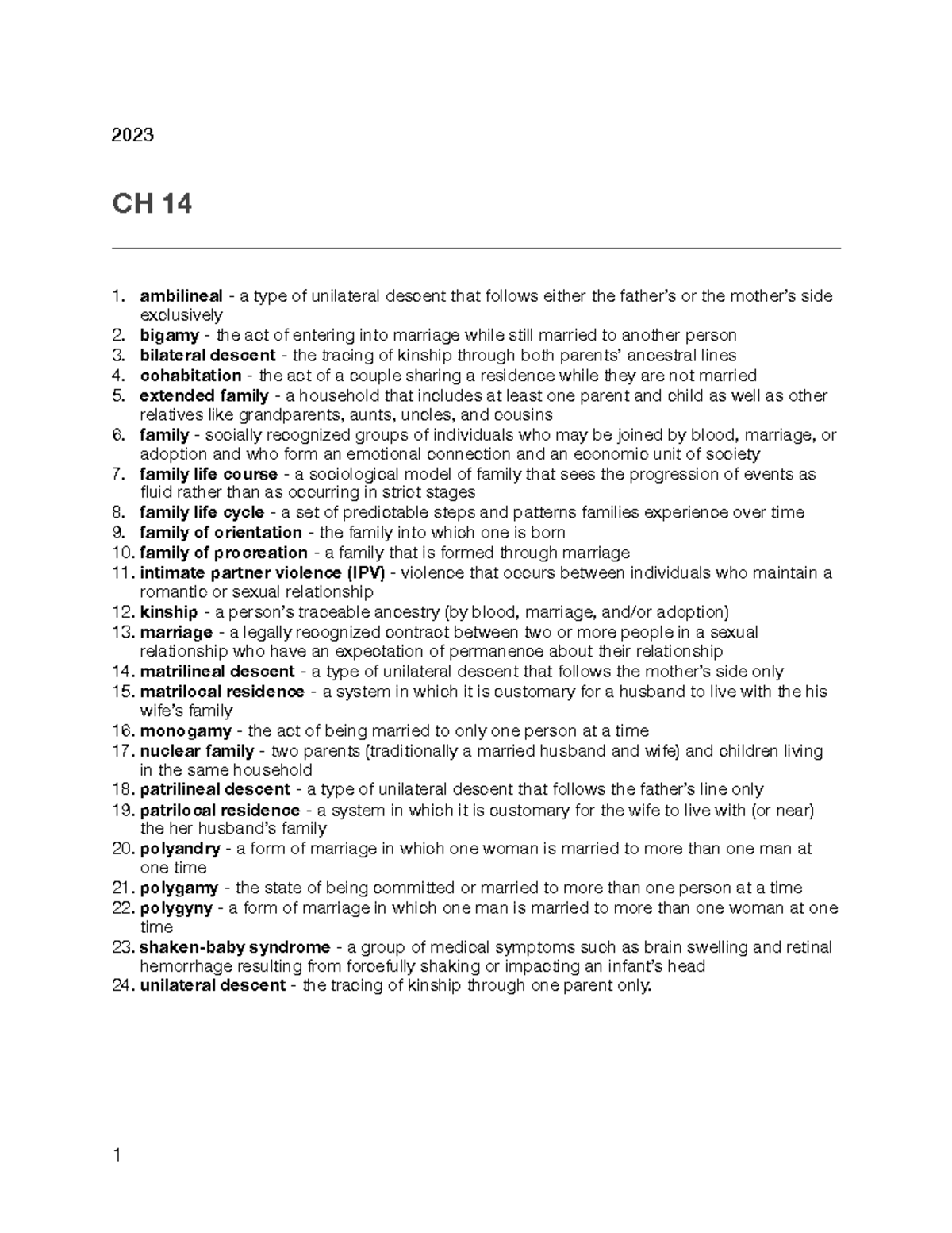 CH 14 Key Terms - 2023 CH 14 ambilineal - a type of unilateral descent ...