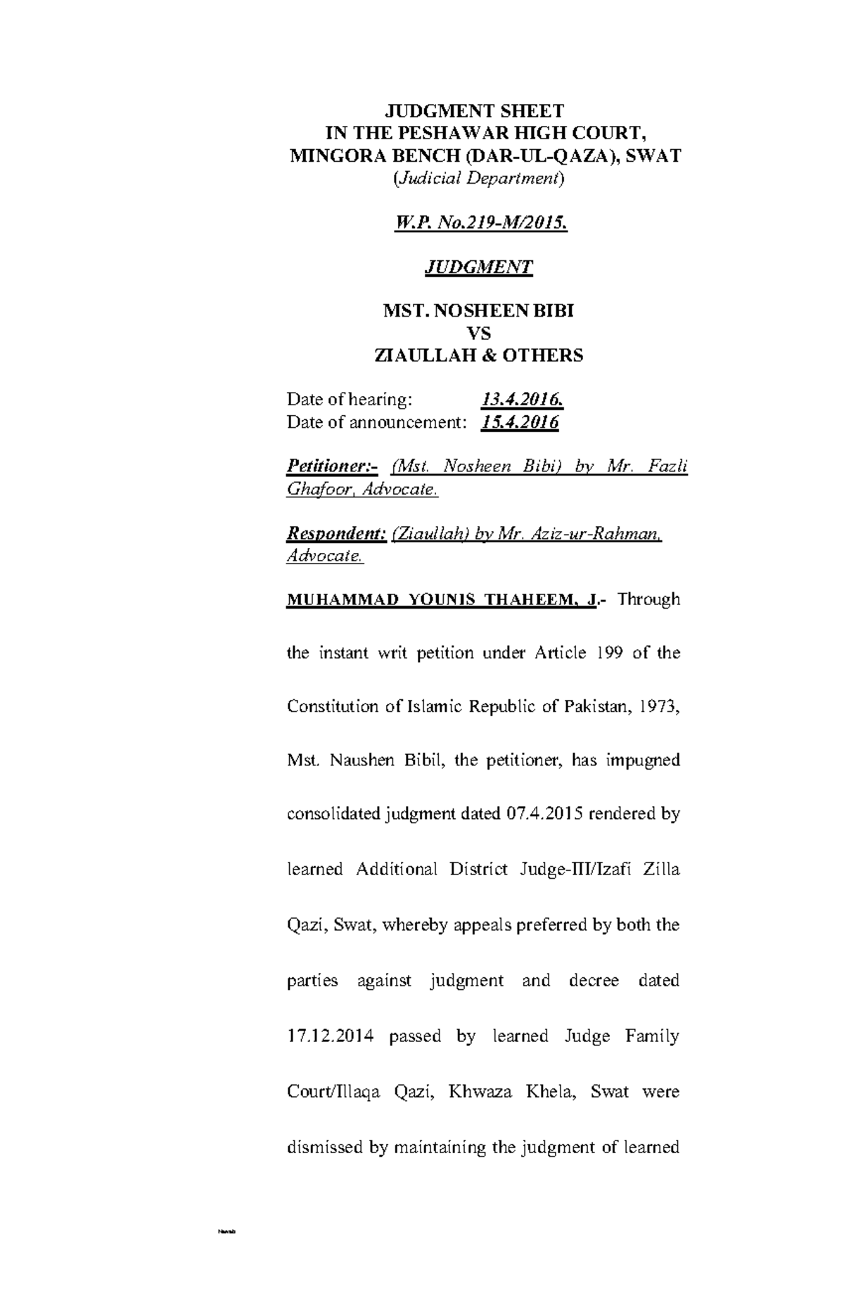 Paper for reading for class - JUDGMENT SHEET IN THE PESHAWAR HIGH COURT ...