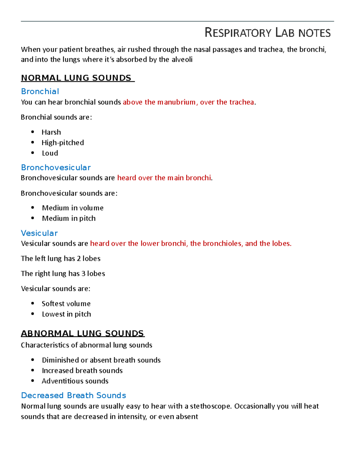 Respiratory Lab notes RESPIRATORY LAB NOTES When your patient