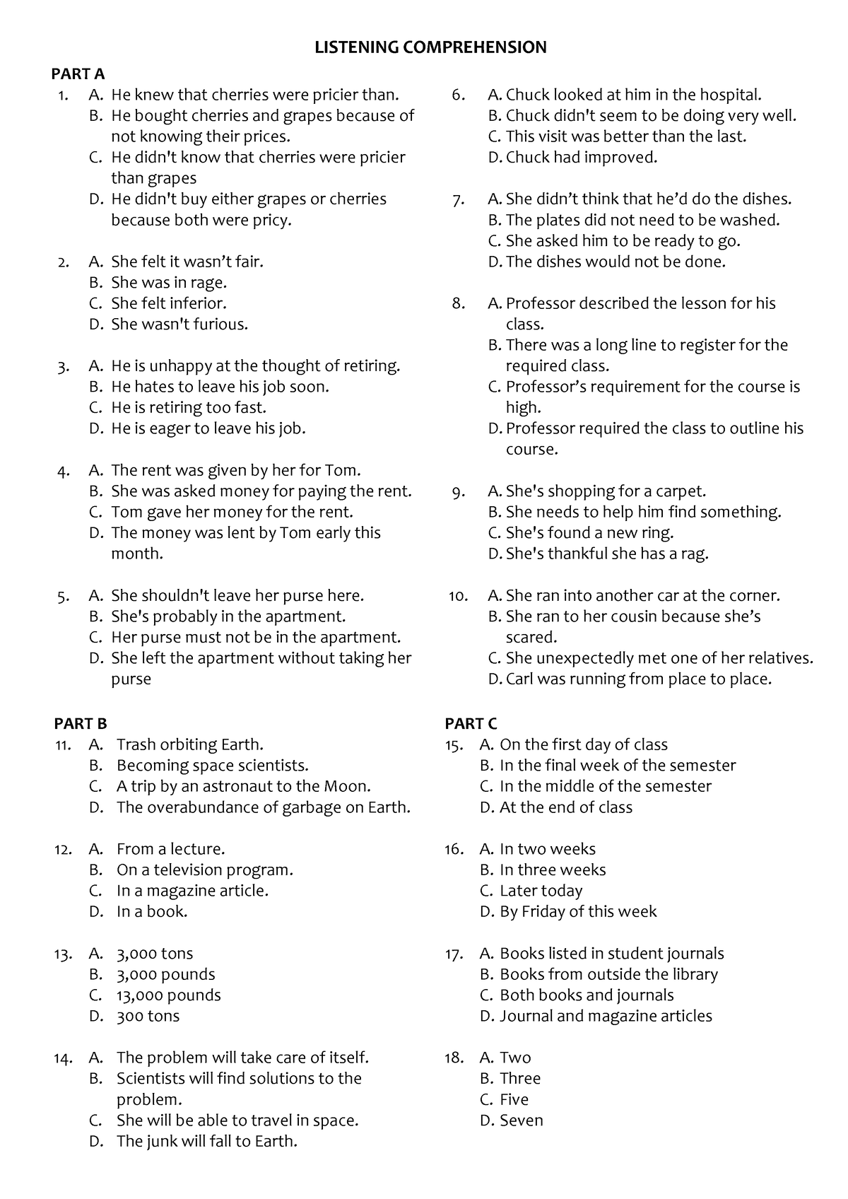 Soal Latihan Listening 1 - LISTENING COMPREHENSION PART A 1. 2. 3. 4. 5 ...