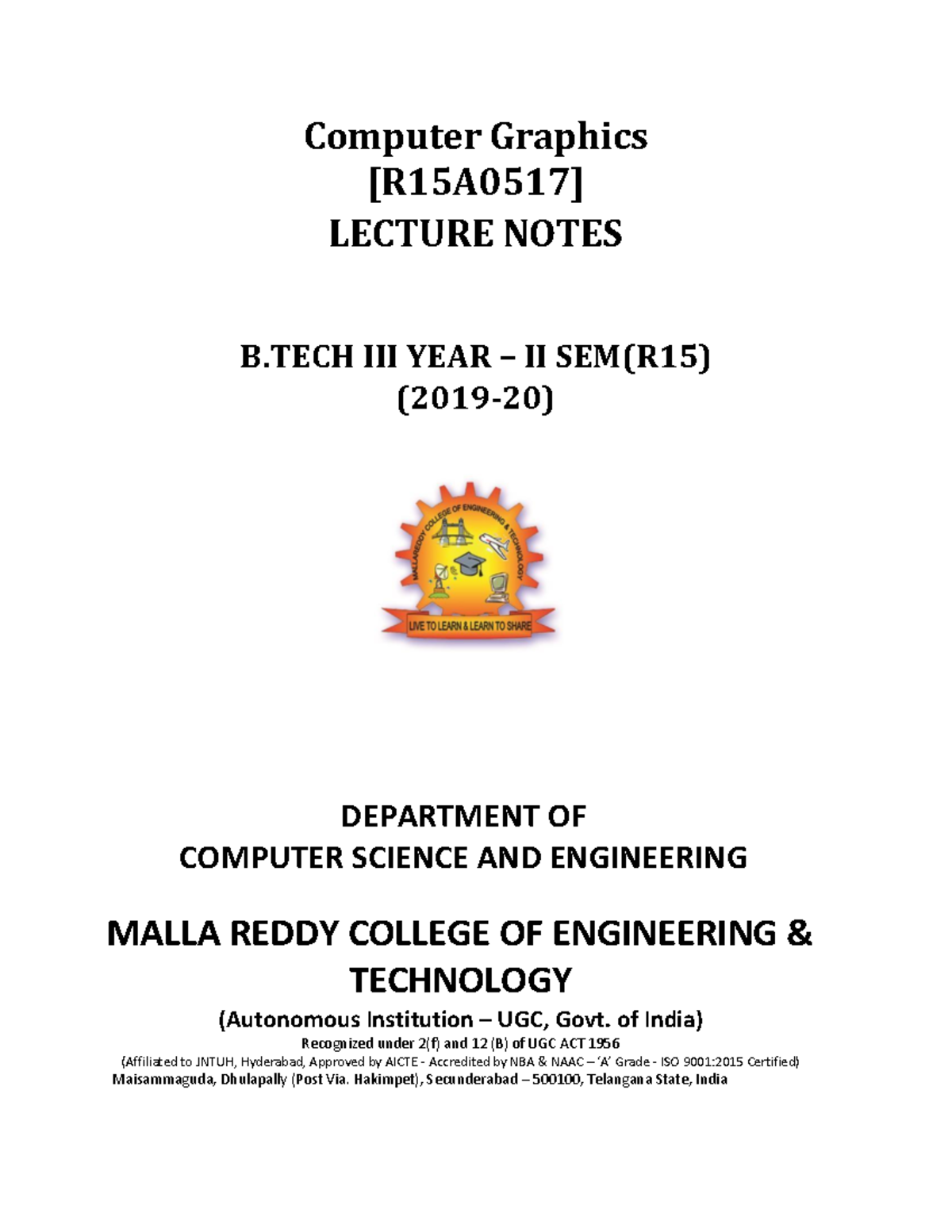 Cg notes - Computer Graphics [R15A0517] LECTURE NOTES B III YEAR – II ...