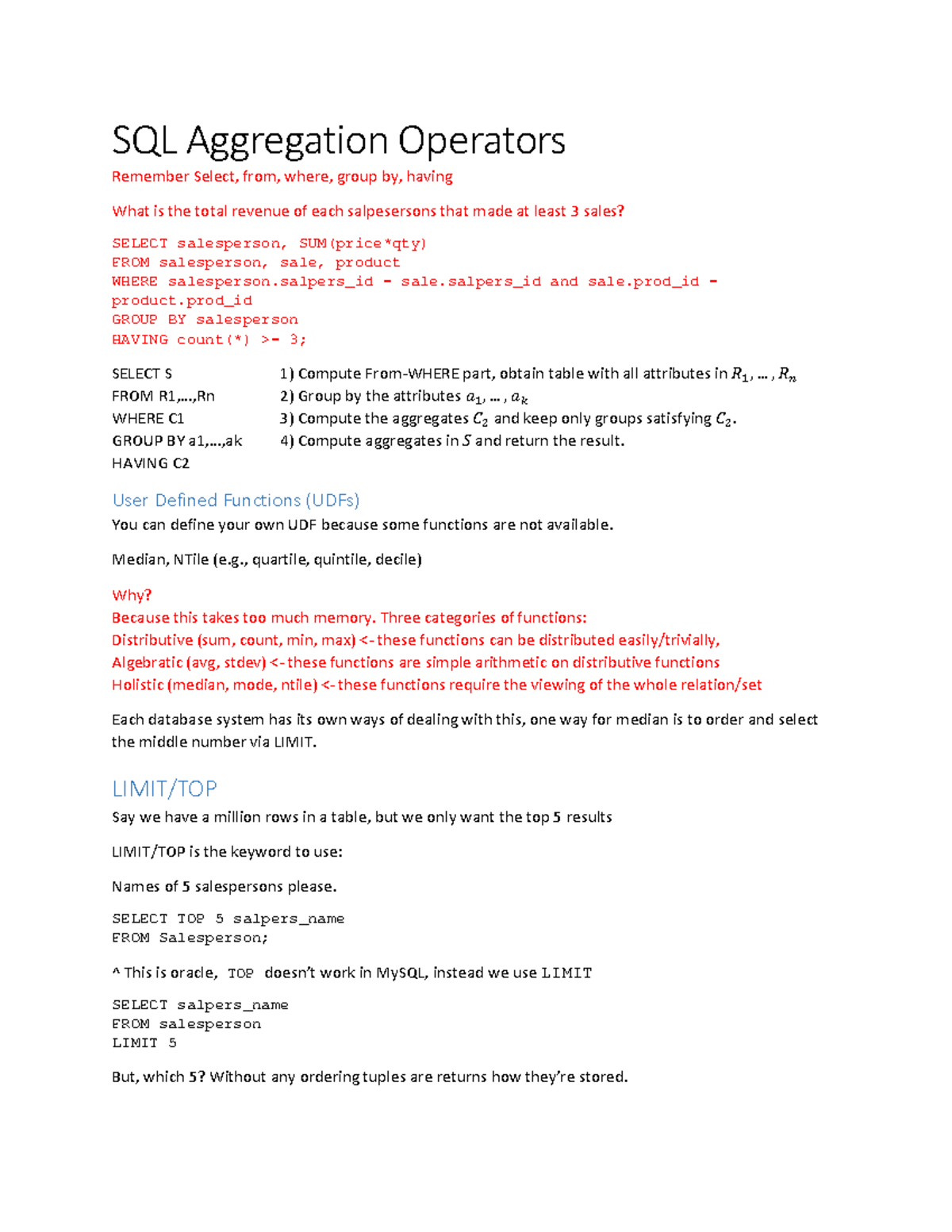 18 sql aggregation udf lecturenotes - SQL Aggregation Operators ...