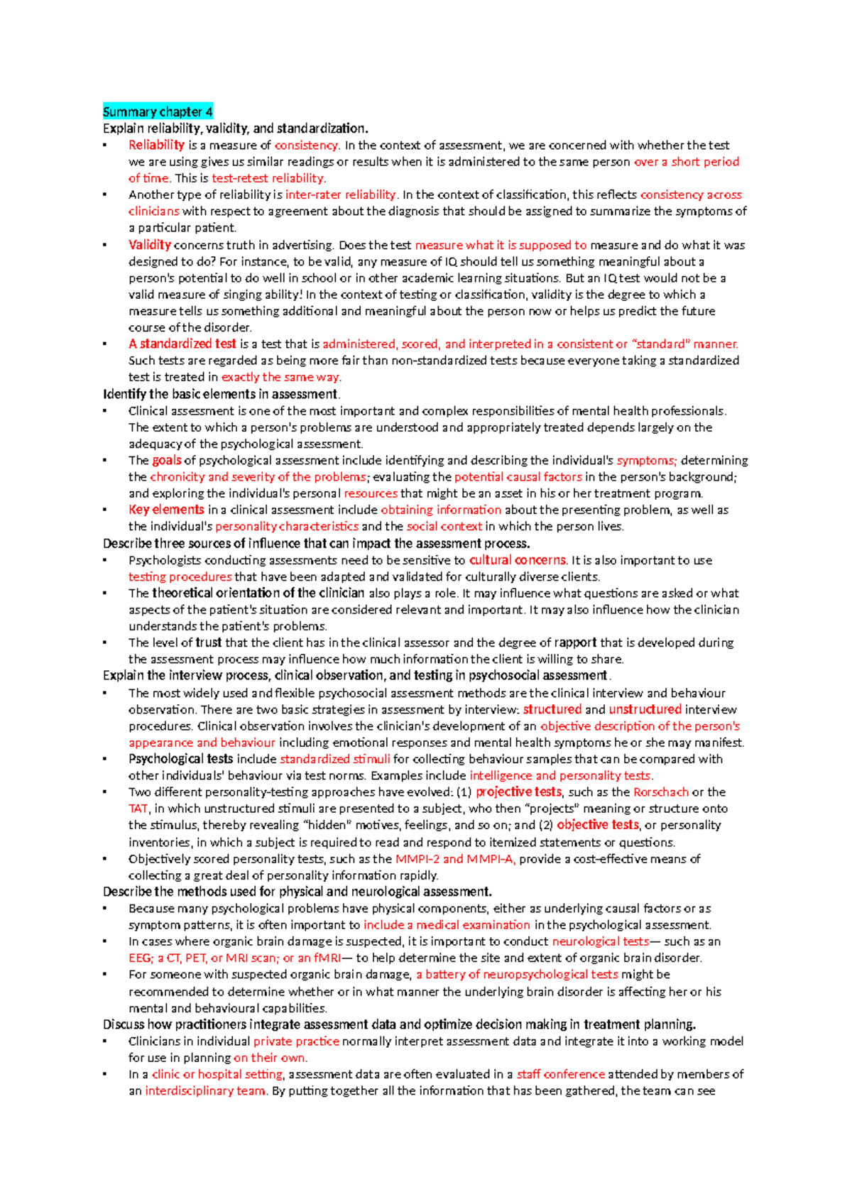 Summary week2 - Summary chapter 4 Explain reliability, validity, and ...
